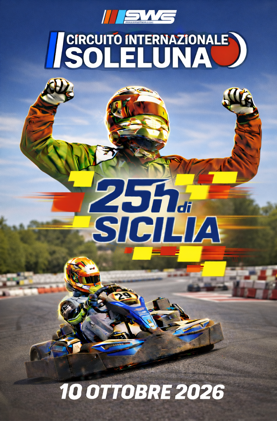 Promotional poster for a 24-hour endurance karting event at Karting Genk, featuring a race track background and the slogan 'Race Like Champions.'