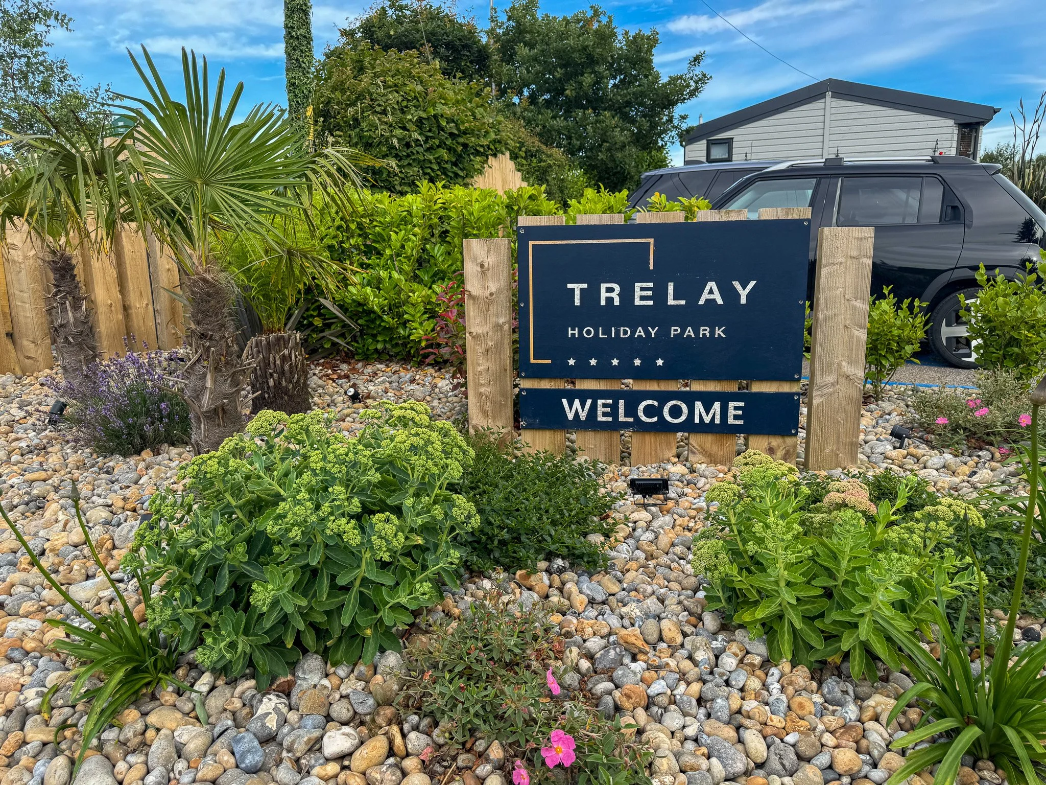 Welcome sign at the entrance to Trelay Holiday Park near Looe, Cornwall.