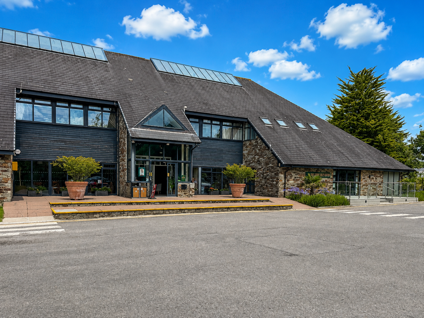 Exterior of the clubhouse at Bodmin Holiday Park in Cornwall.