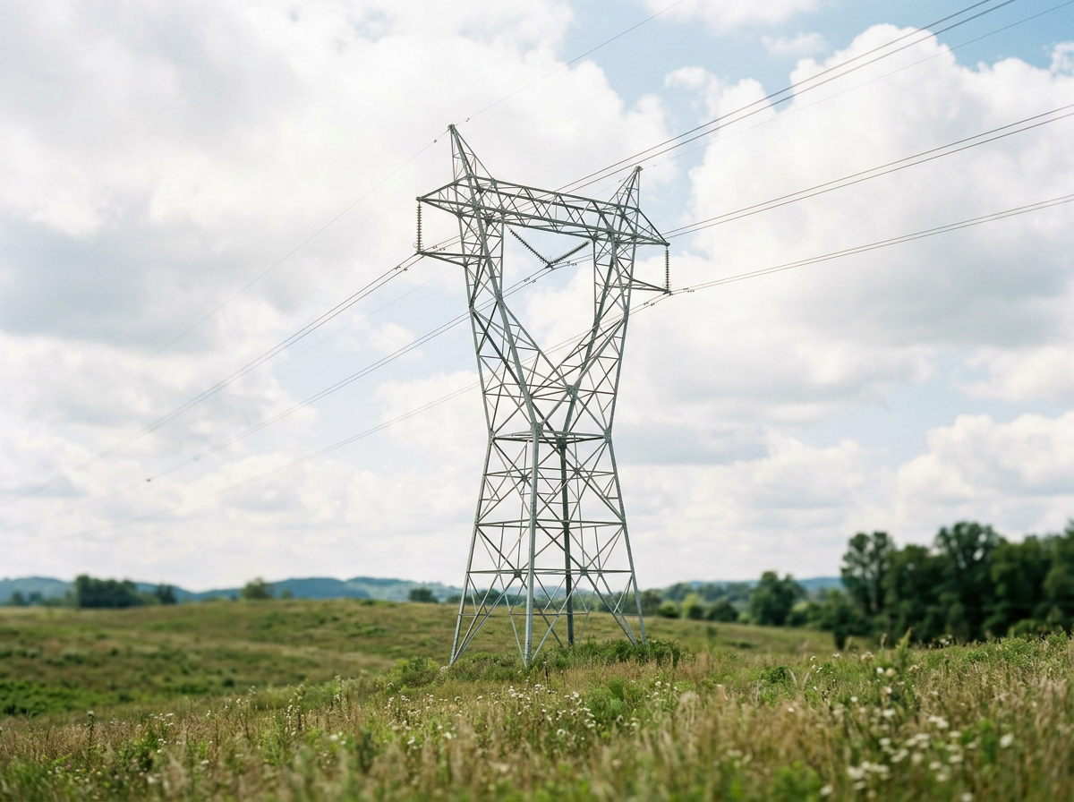 Steel electricity transmission tower in a field - PLS TOWER Online training course
