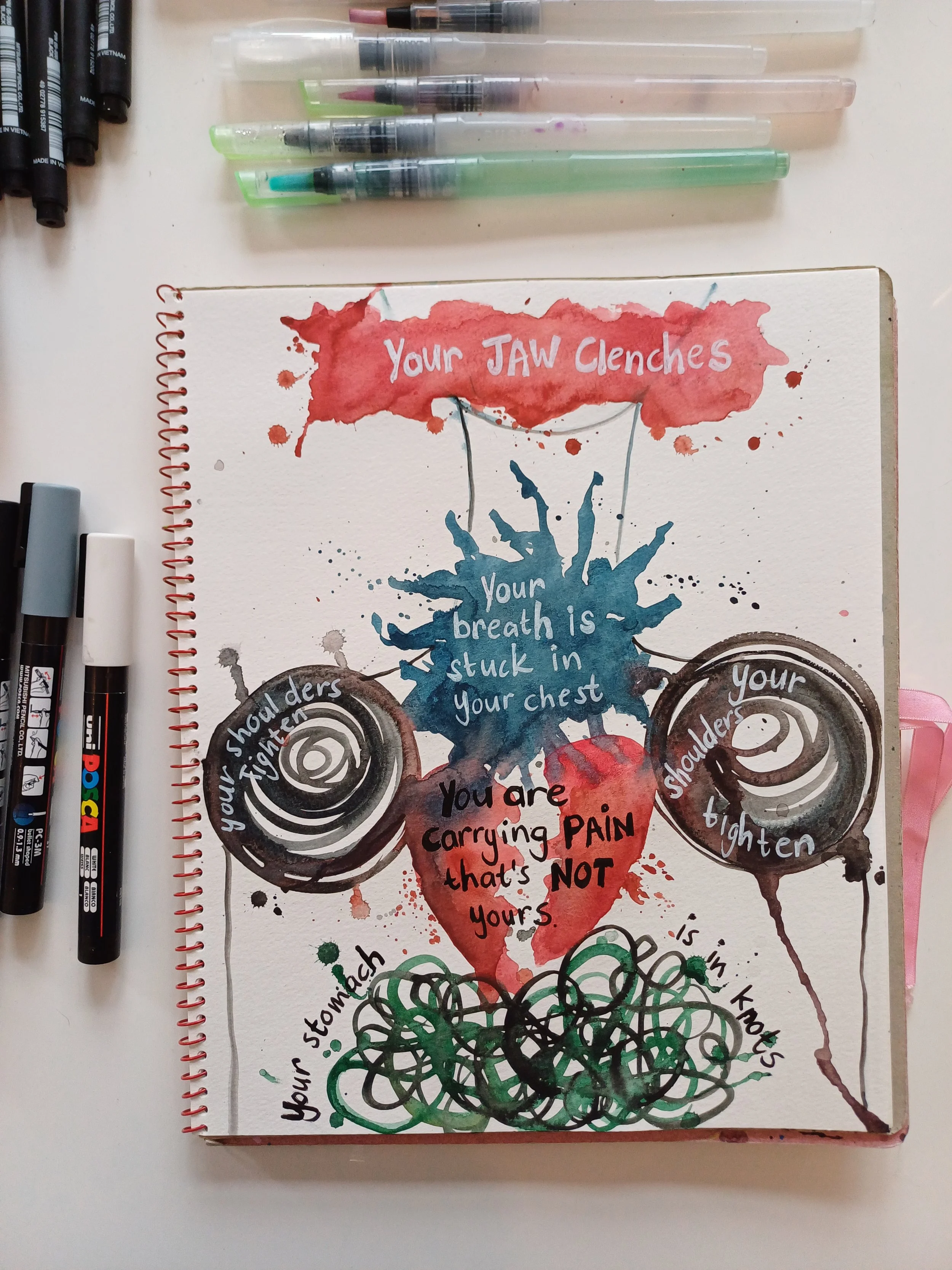 Artist's journal page with abstract blue and orange leaf illustrations, painted on newspaper background, with typed text excerpts and yellow-highlighted words.