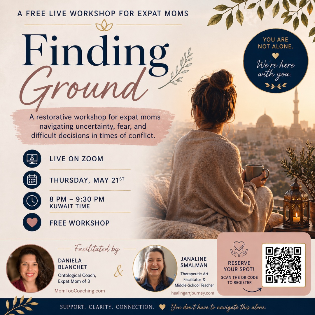 Flyer for a free online workshop for expatriate moms titled 'Finding Ground,' scheduled for May 21st from 8 PM to 9:30 PM Kuwait time. The workshop features facilitators Daniela Blanchet and Janaline Smalman. The flyer has a warm-toned background with an image of a woman sitting outdoors, holding a mug, overlooking a cityscape at sunset. It includes a QR code for registration and decorative floral elements.