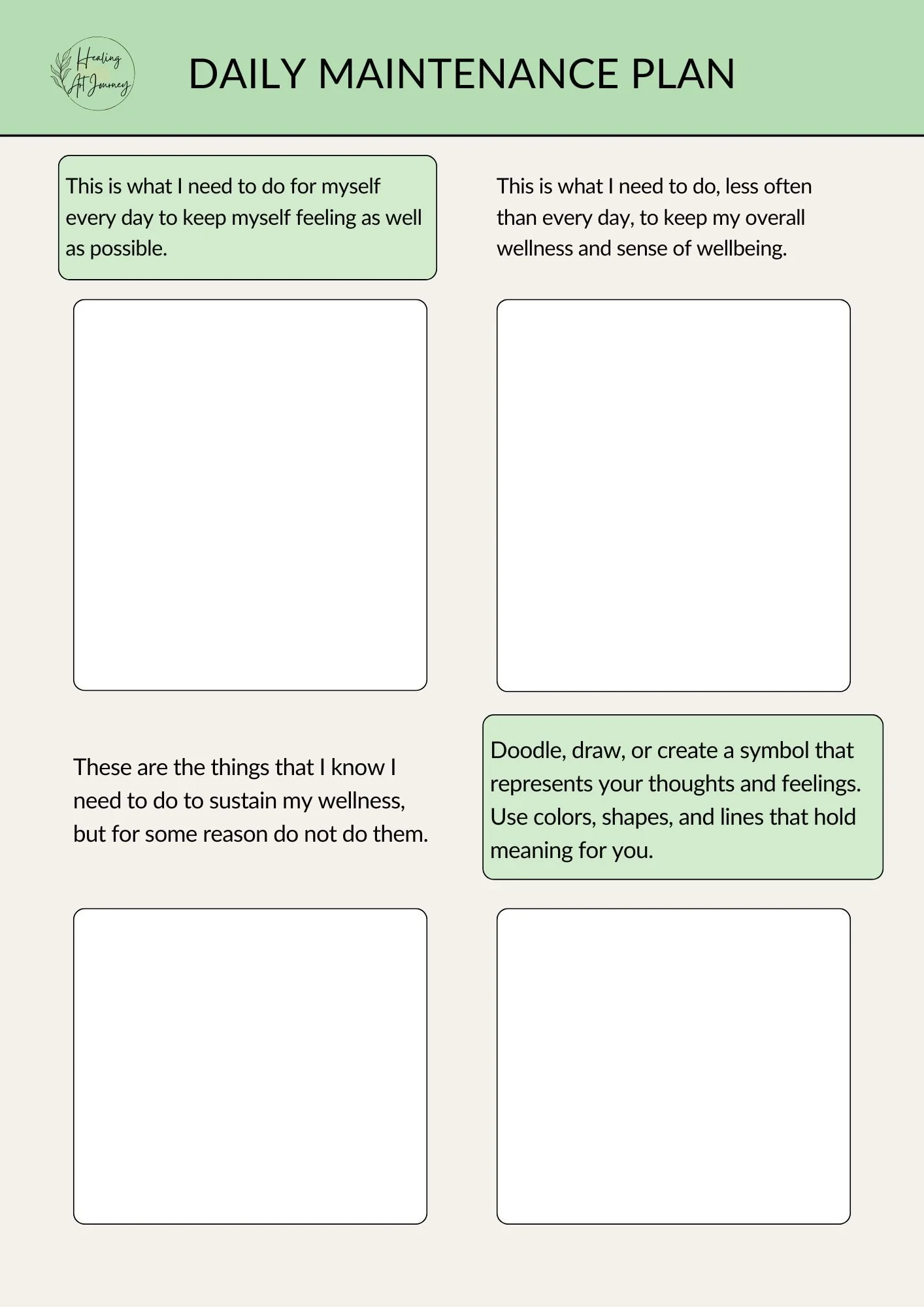Daily maintenance plan worksheet with sections for personal wellness activities and reflections.