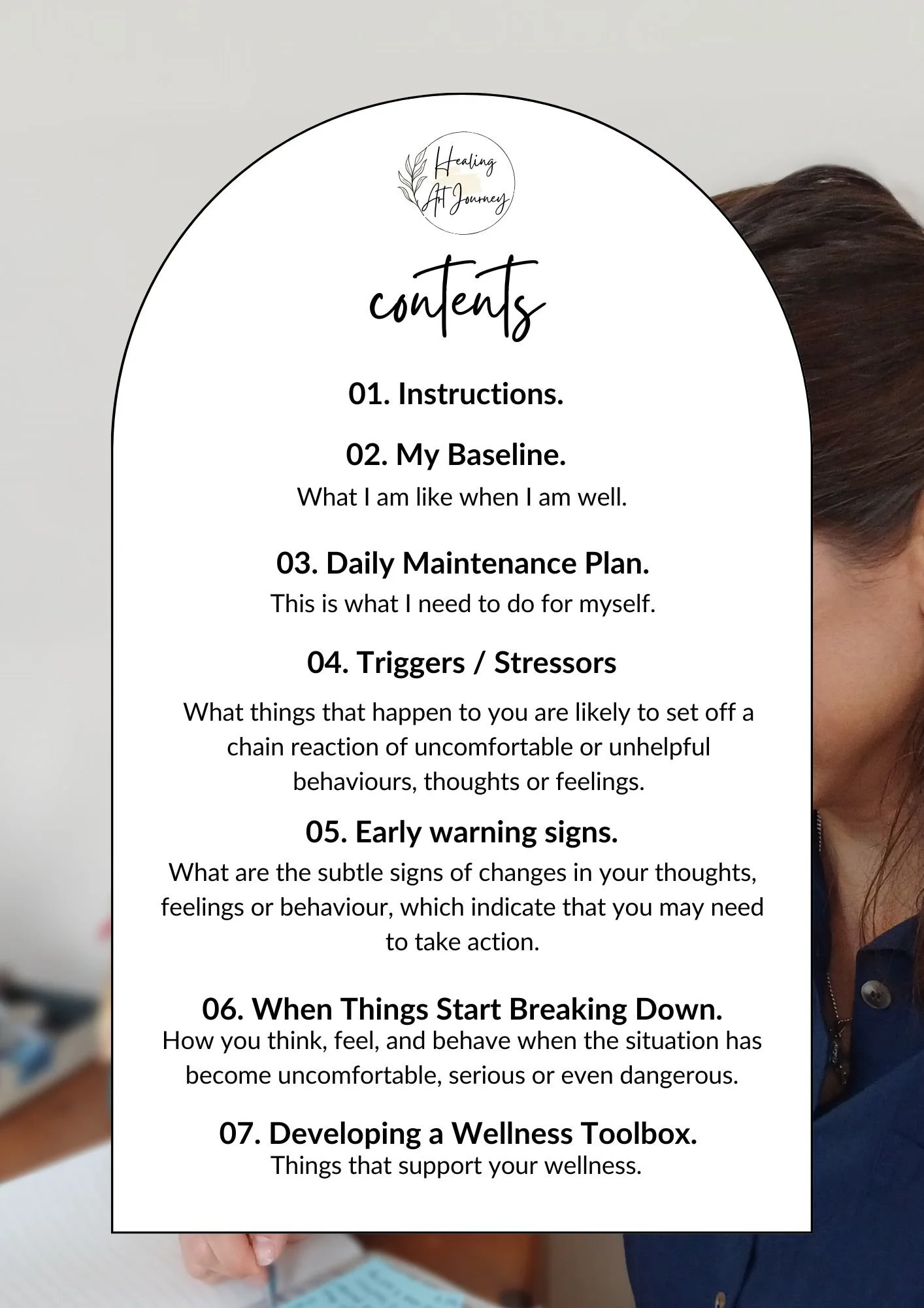 A guide on a white and black sheet of paper titled 'Healing At Journey' with numbered sections including instructions, baseline, daily maintenance plan, triggers/stressors, early warning signs, when things start breaking down, and developing a wellness toolbox.