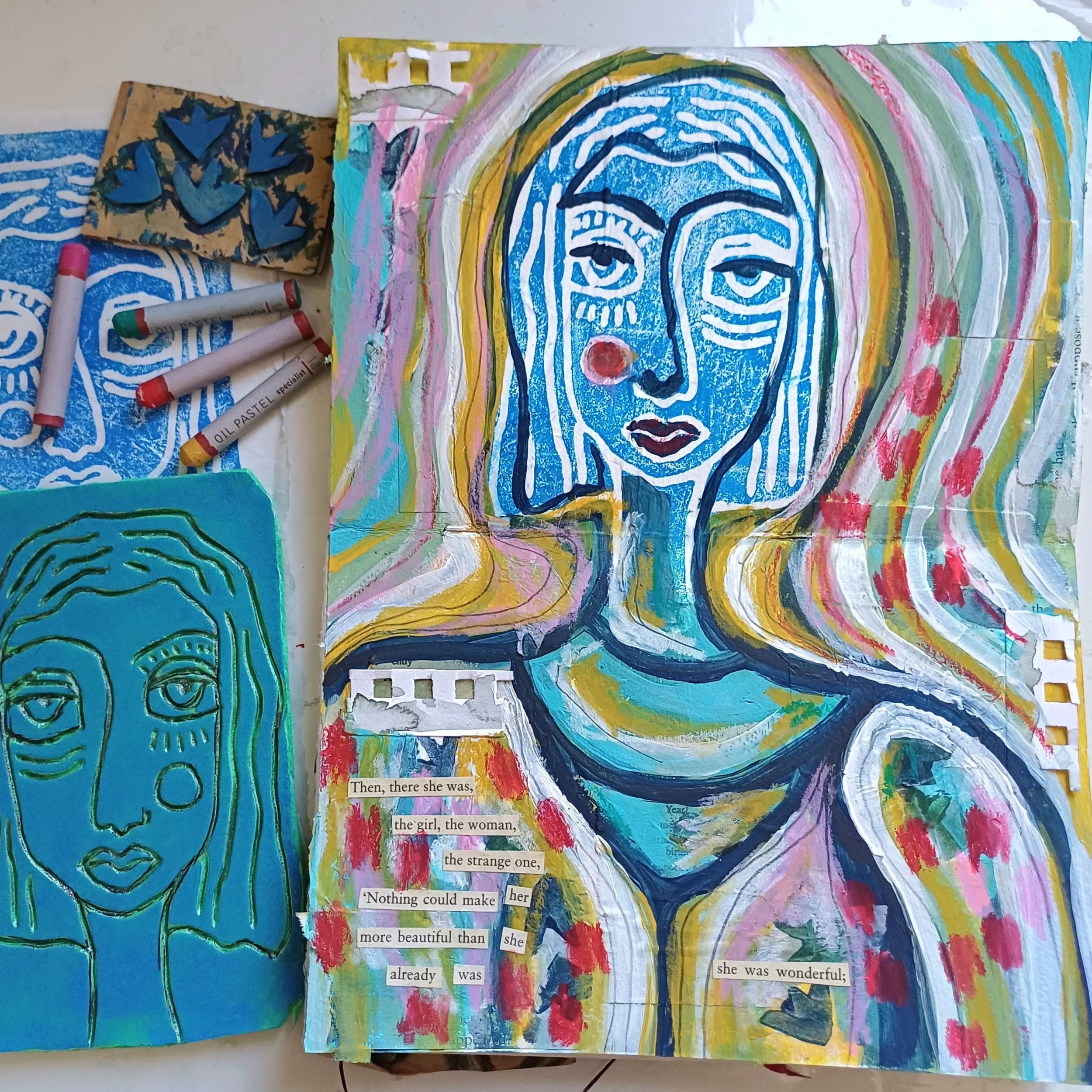 A colorful mixed media artwork of a woman with long hair, created with acrylic paints, pastels, and collaged text, featuring an abstract background with flowing lines and floral patterns.