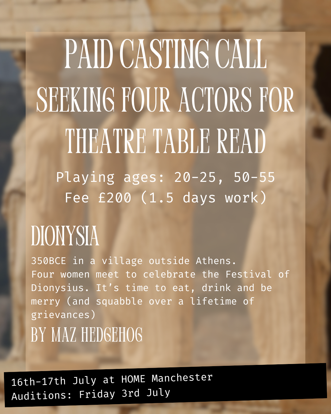 Paid Casting Call. Seeking 4 actors for theatre table read. 16th-17th July at HOME Manchester Auditions Friday 3rd July. Playing ages 20-25, 50-55. Fee £200 (for 1.5days work)