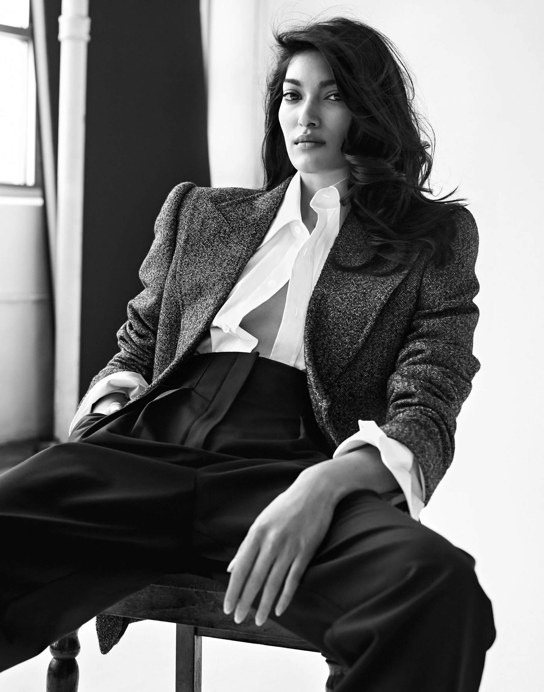Black and white fashion portrait — tailoring and studio light