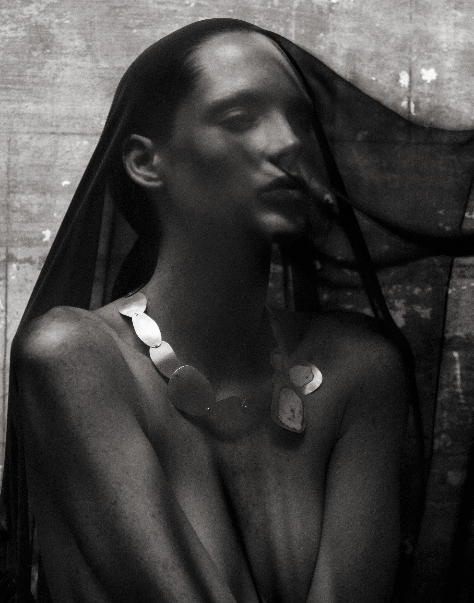 Black and white fashion portrait — sheer fabric, considered concealment