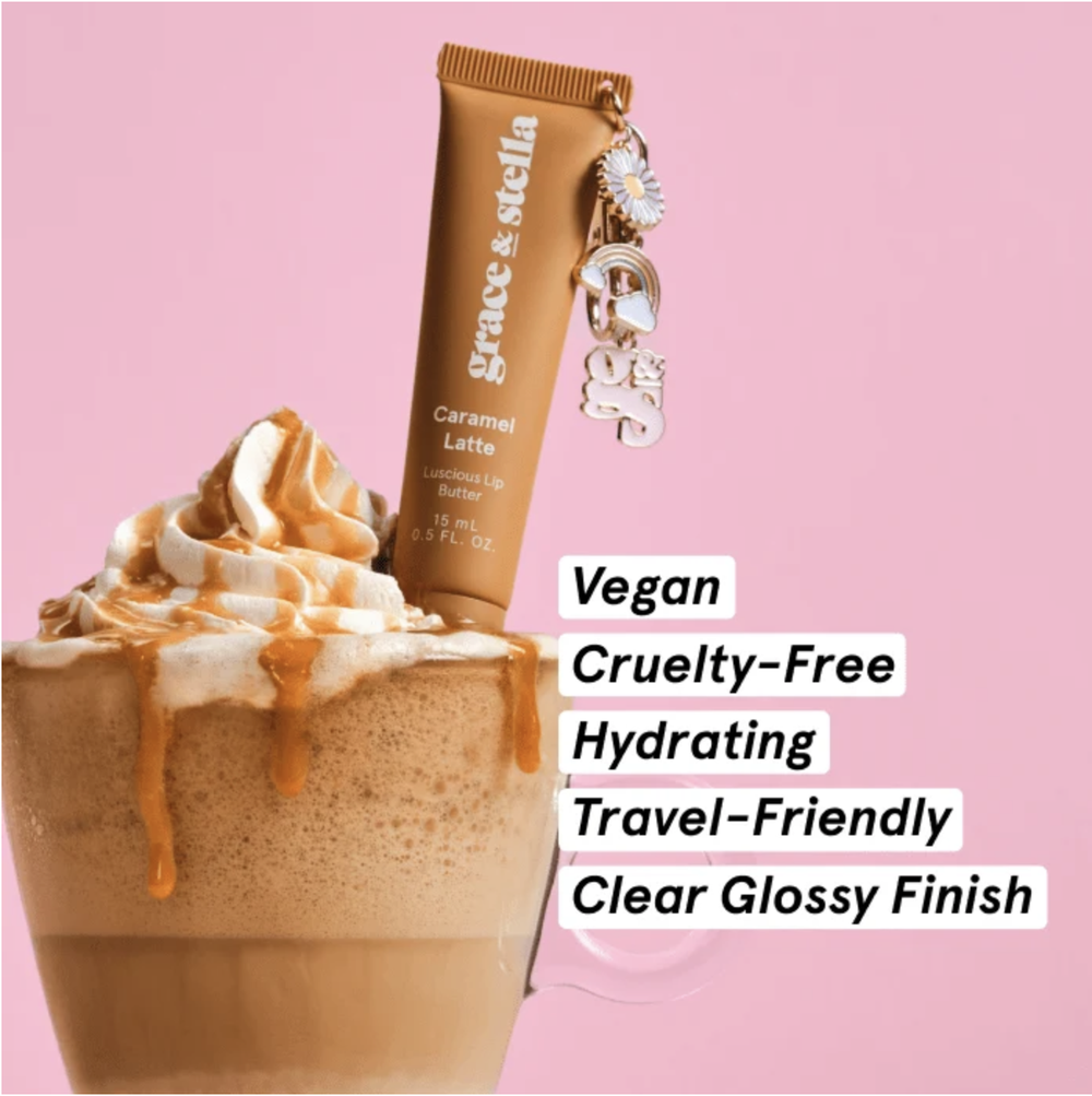 grace & stella lip butter with iced coffee, still life