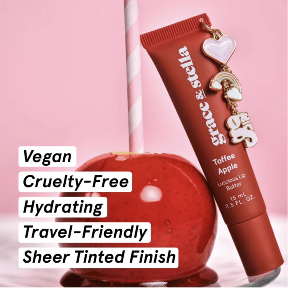 grace & stella lip butter with a candy apple, still life