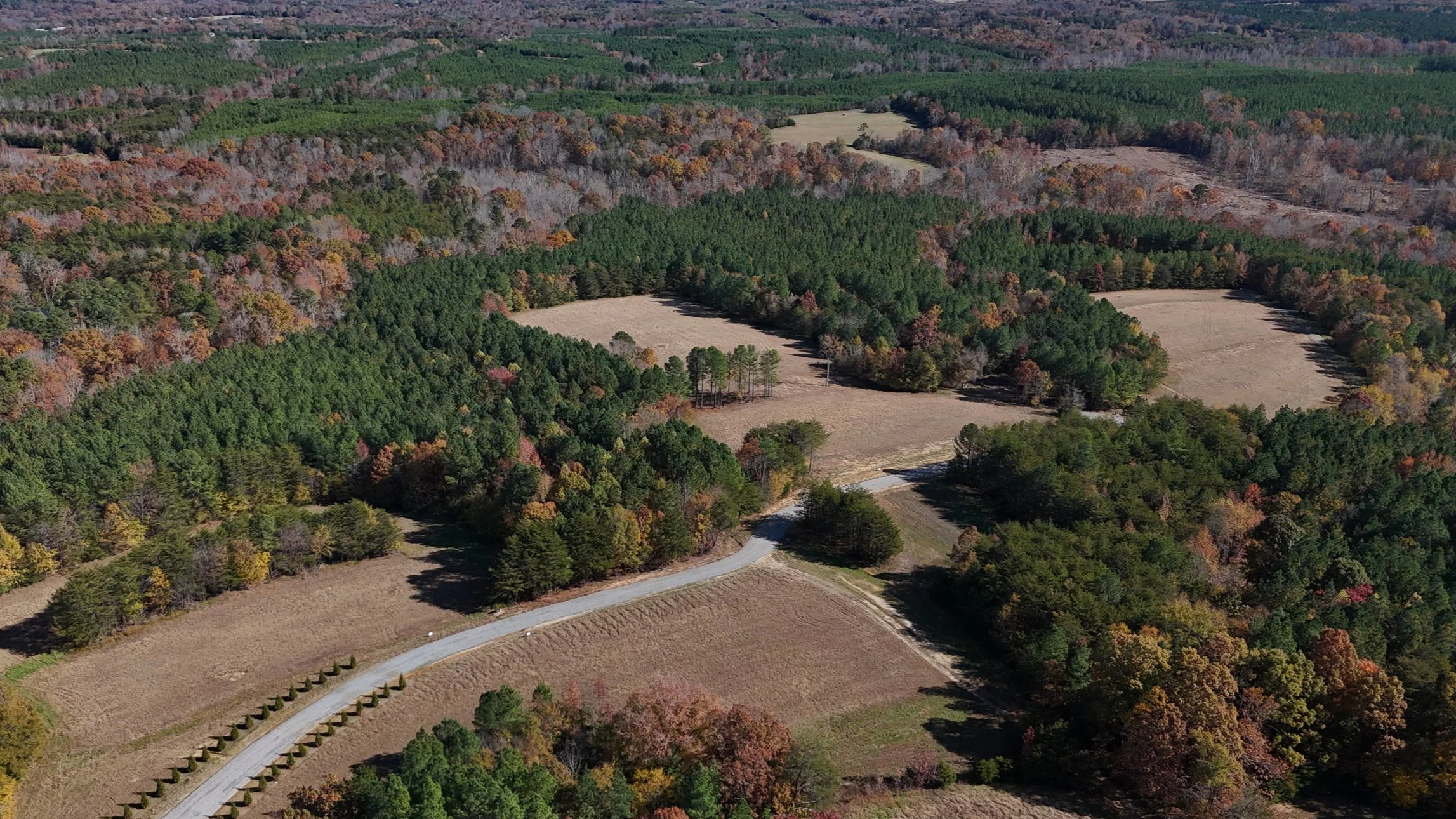 Aerial view of a rural landscape with a winding road, open fields, and dense forests in fall colors.