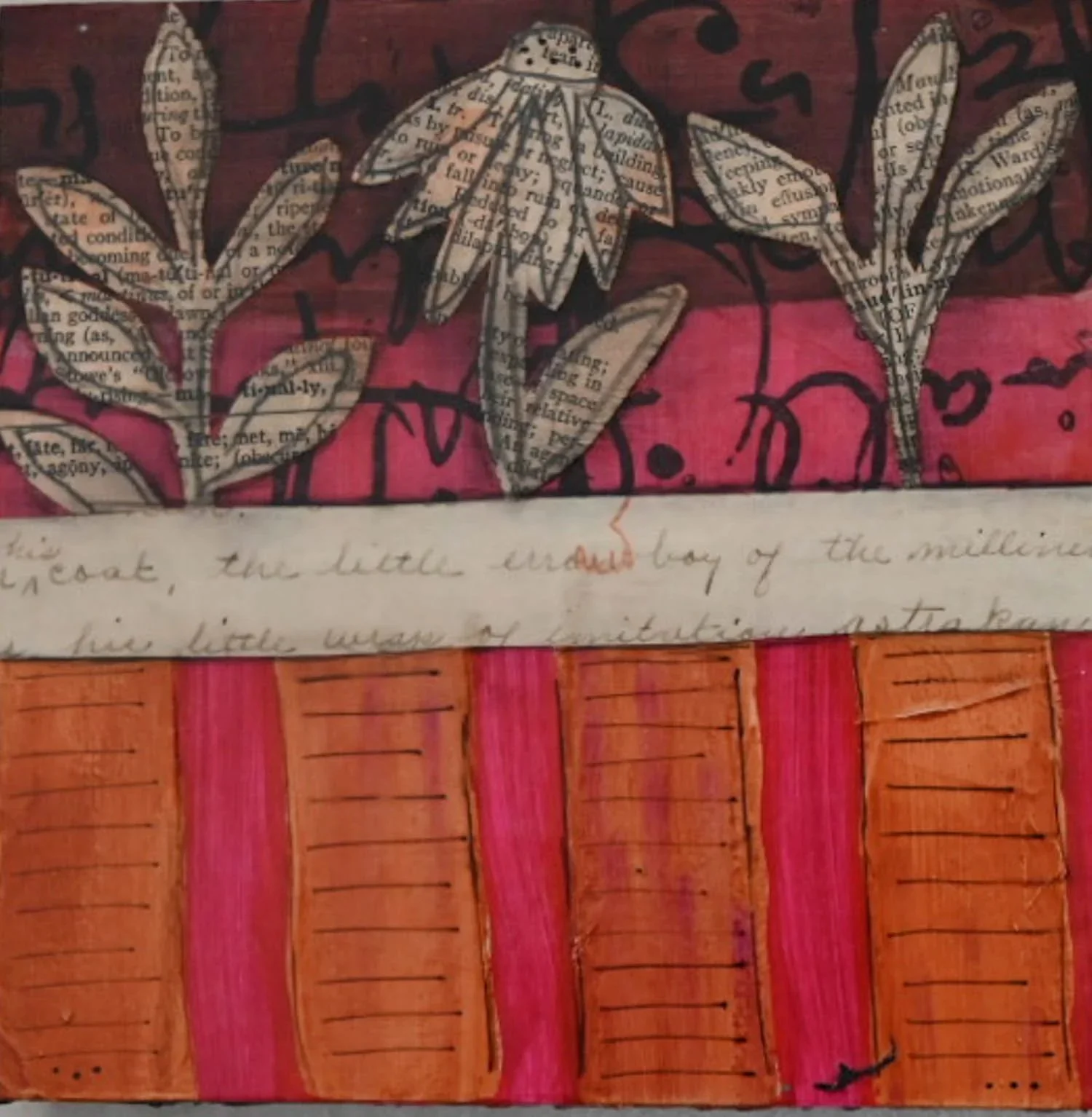 Wordy Flowers | 6x6 | acrylic, ink, collage on wooden panel