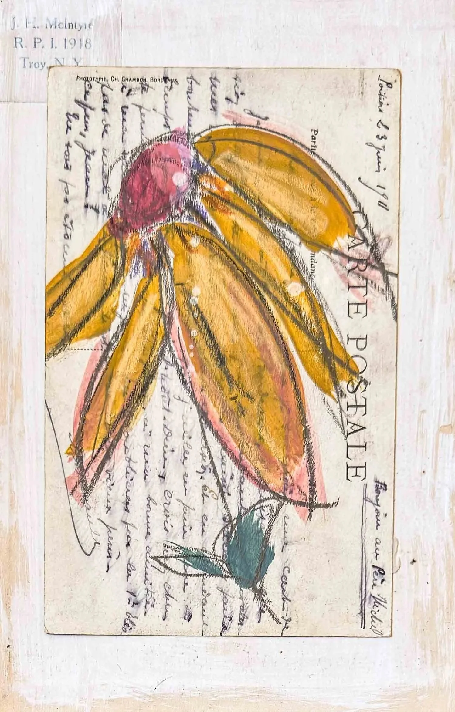 Wishing you were here | 4x6 | mixed media + vintage postcard + old bookcover