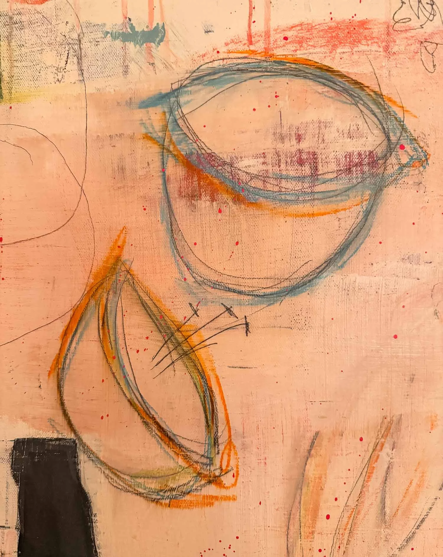 A painting with various colored lines and markings