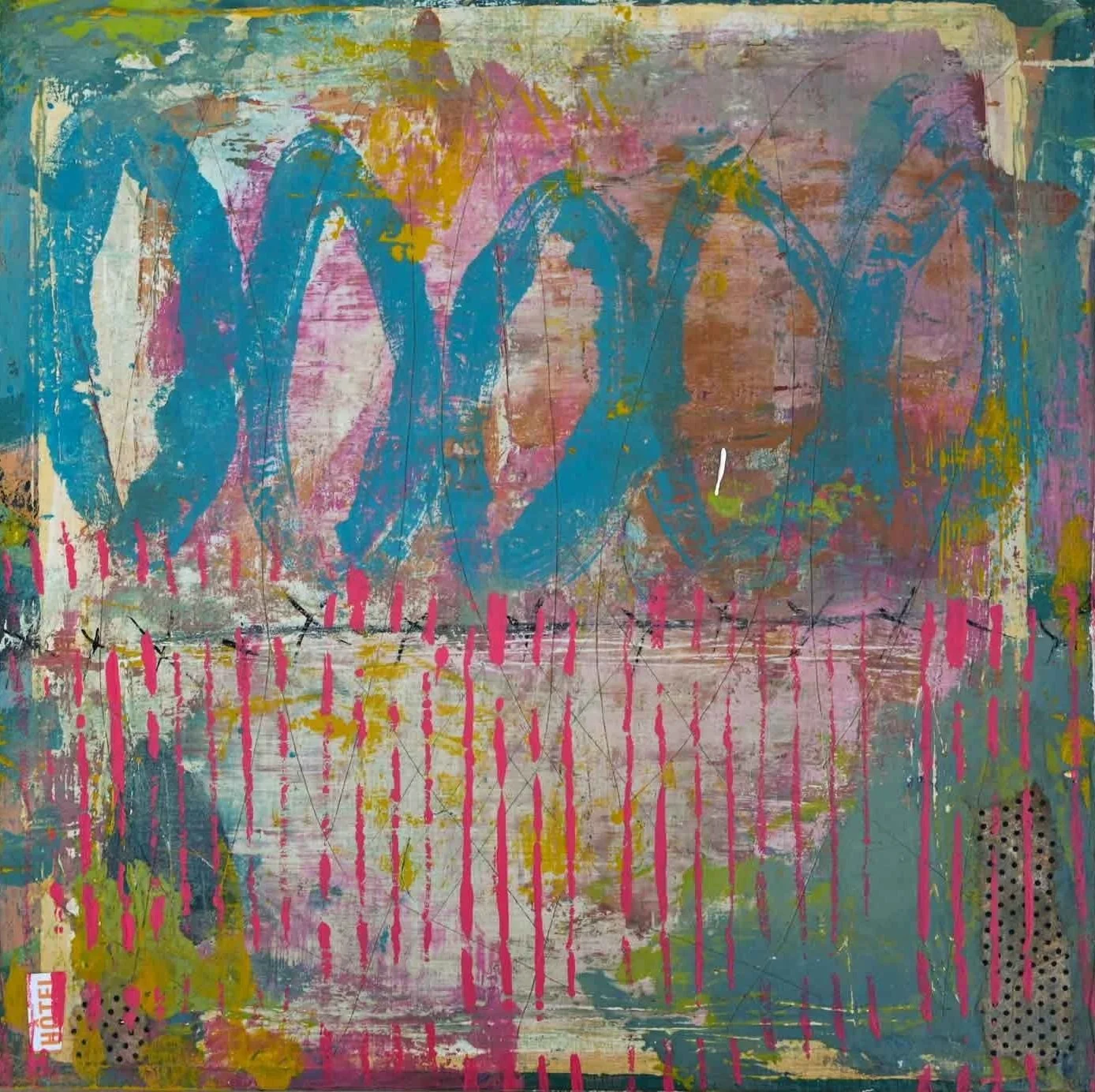 Abstract multicolored abstract artwork with large blue text over a layered background of pink, yellow, brown, and teal.