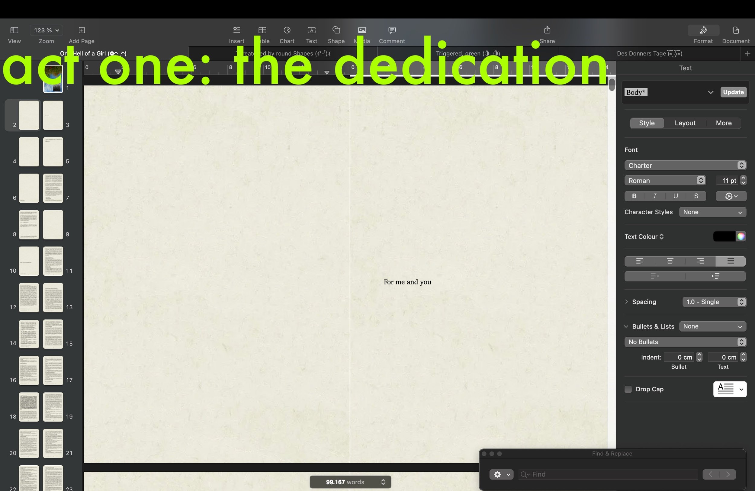 Act One: Dedication of the debut novel "One Hell of a Girl."
