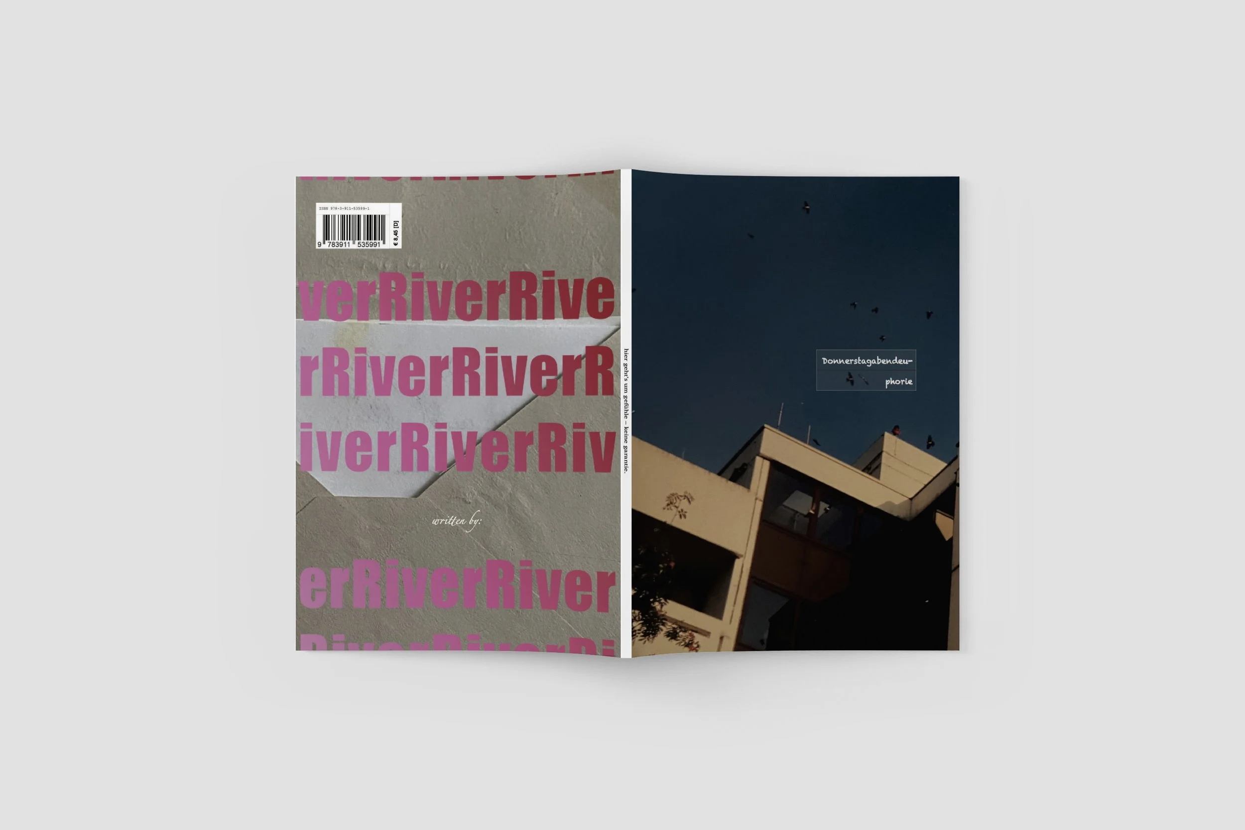 Book cover, spine and back of first German poetry collection Donnerstagabendeuphorie.