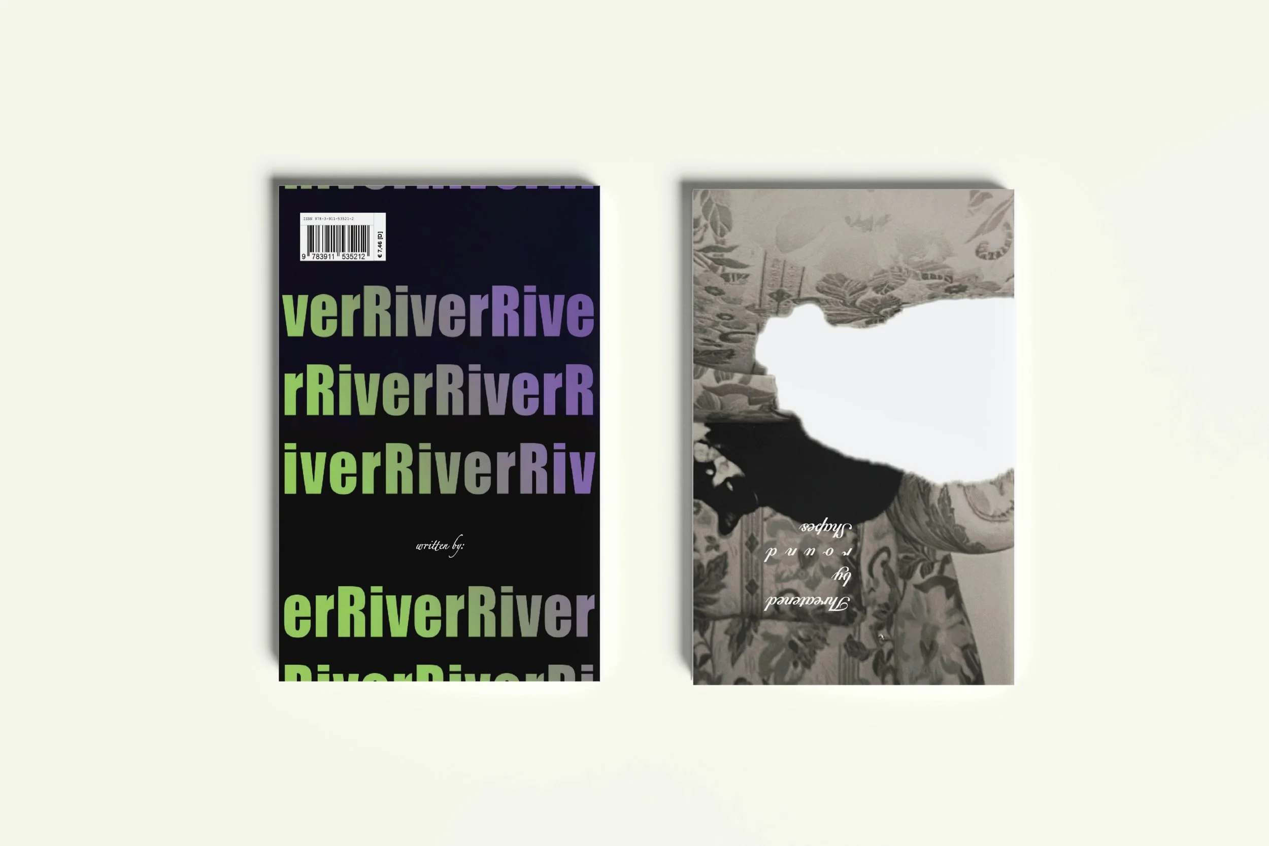 Book cover and back of first poetry collection Threatened by round Shapes.