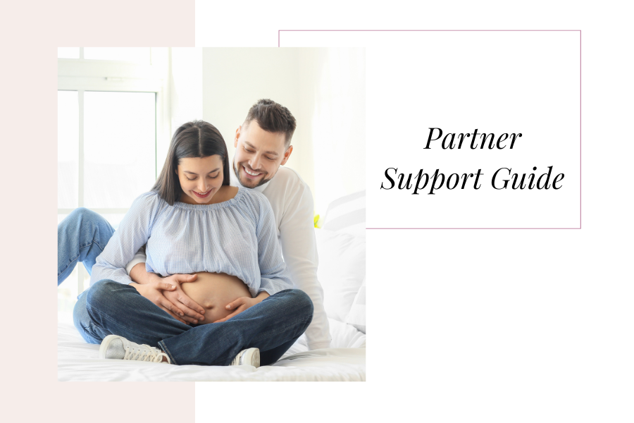 Continuous line drawing of a pregnant couple embracing.