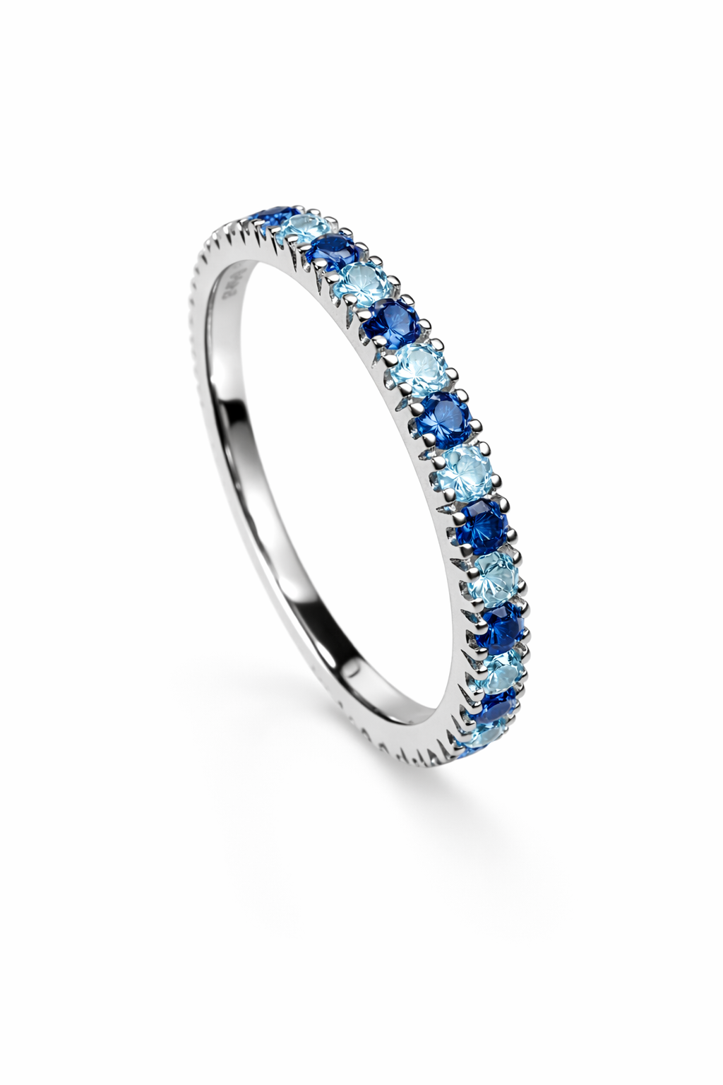 Handcrafted sterling silver 925 eternity ring with blue and light blue cubic zirconia