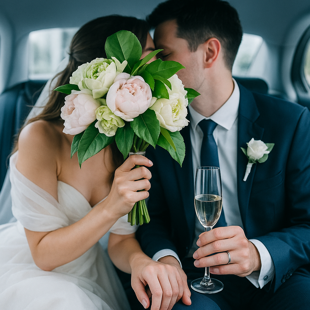 Wedding couple holding flowers celebrating their marriage