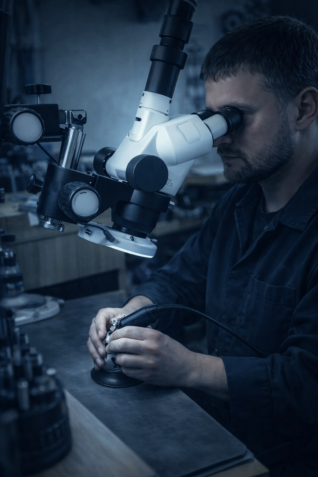 Fine jewellery craftsman setting diamonds under microscope
