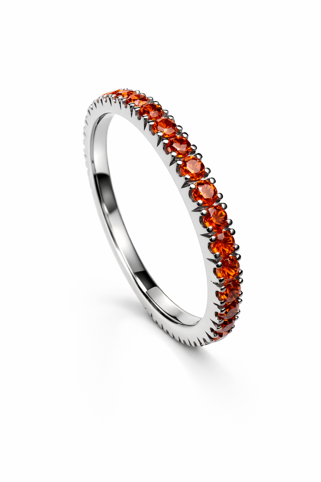 Handcrafted sterling silver 925 eternity ring with vibrant orange cubic zirconia