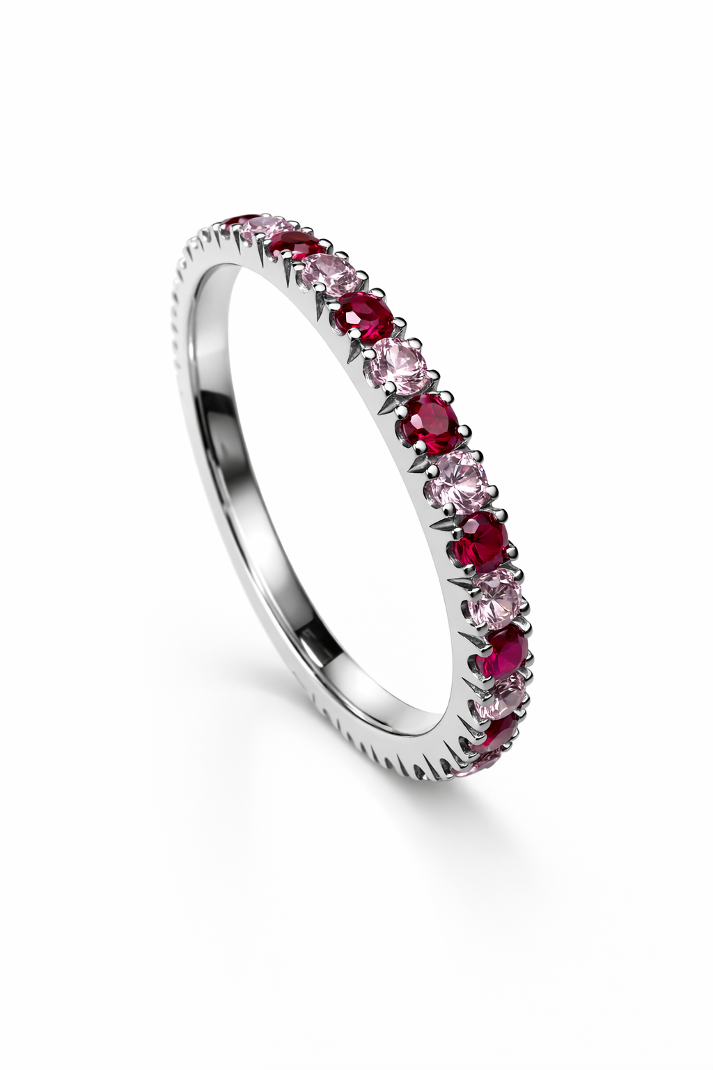 Handcrafted sterling silver 925 eternity ring with ruby red and soft pink cubic zirconia