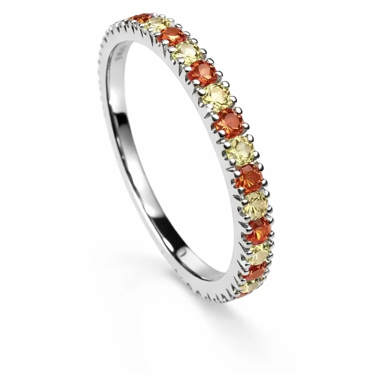 Sterling silver 925 ring with alternating yellow and orange cubic zirconia stones