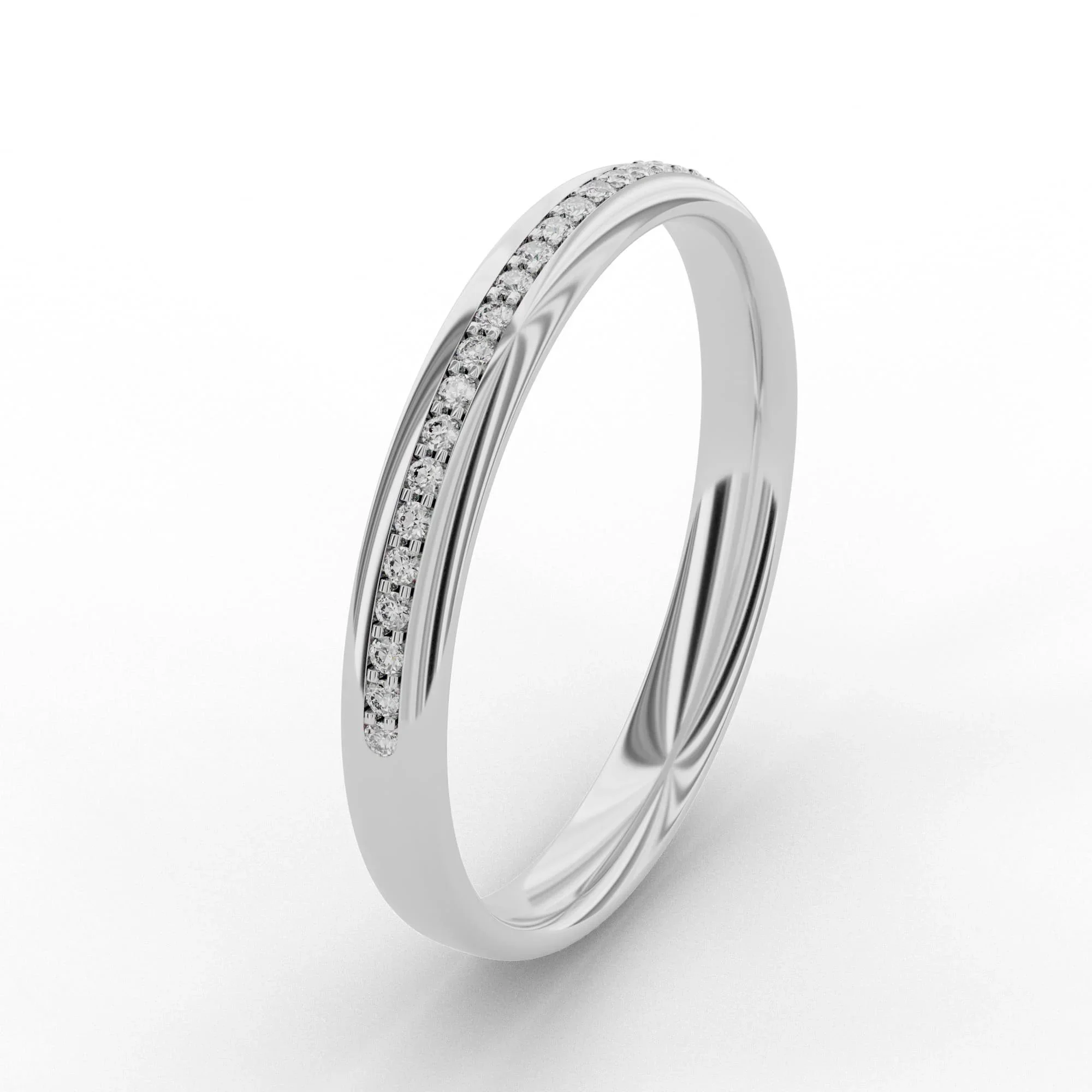 Wide diamond wedding band with micro claw setting and half eternity diamonds in white gold