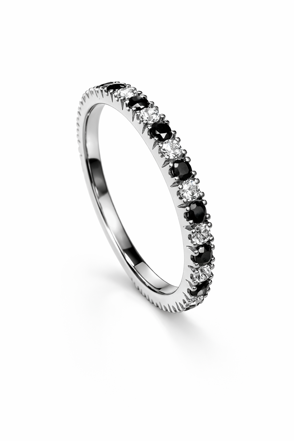 Handcrafted sterling silver 925 eternity ring with black and white cubic zirconia