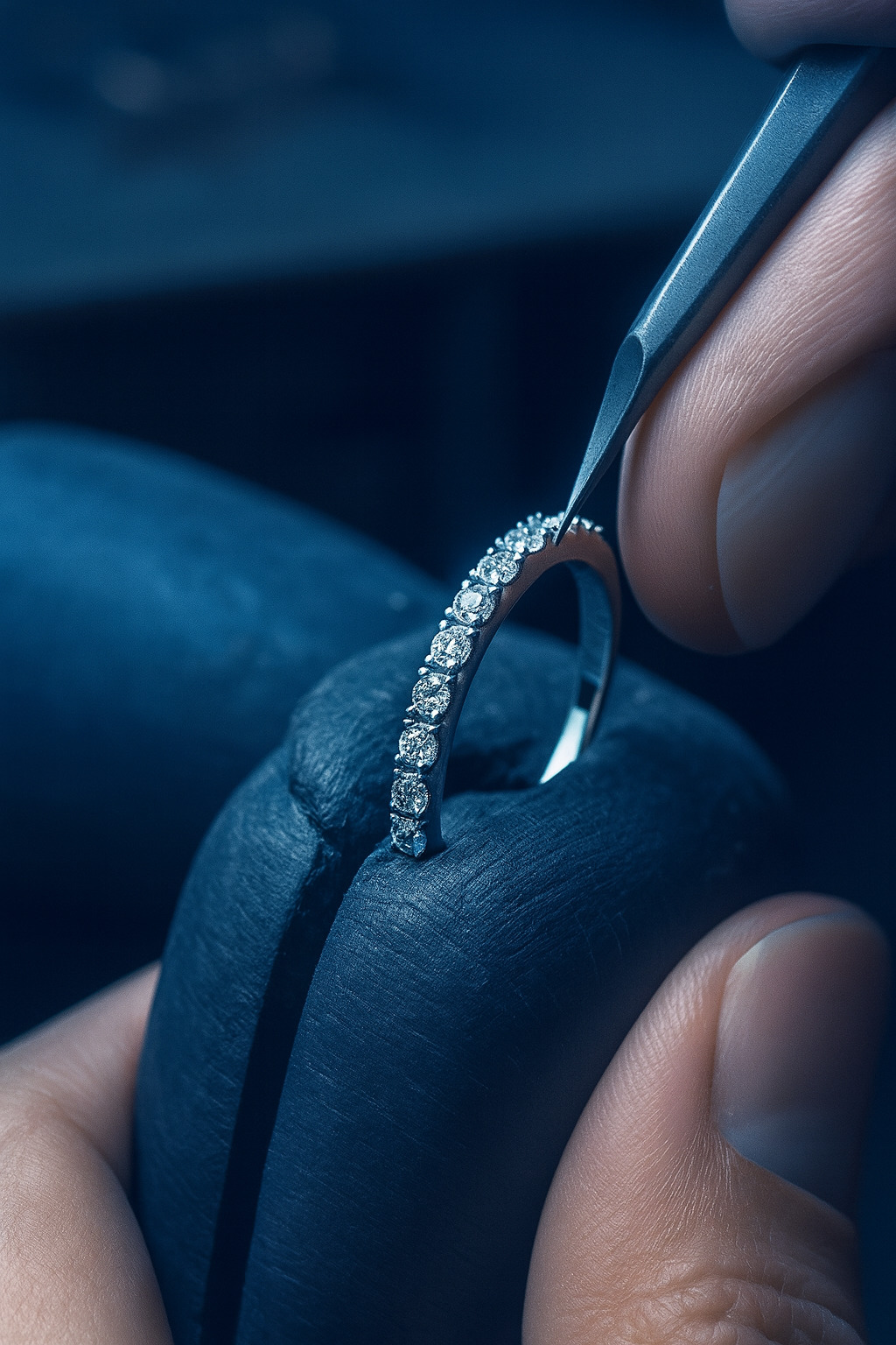 Fine jewellery craftsman setting diamonds into a ring