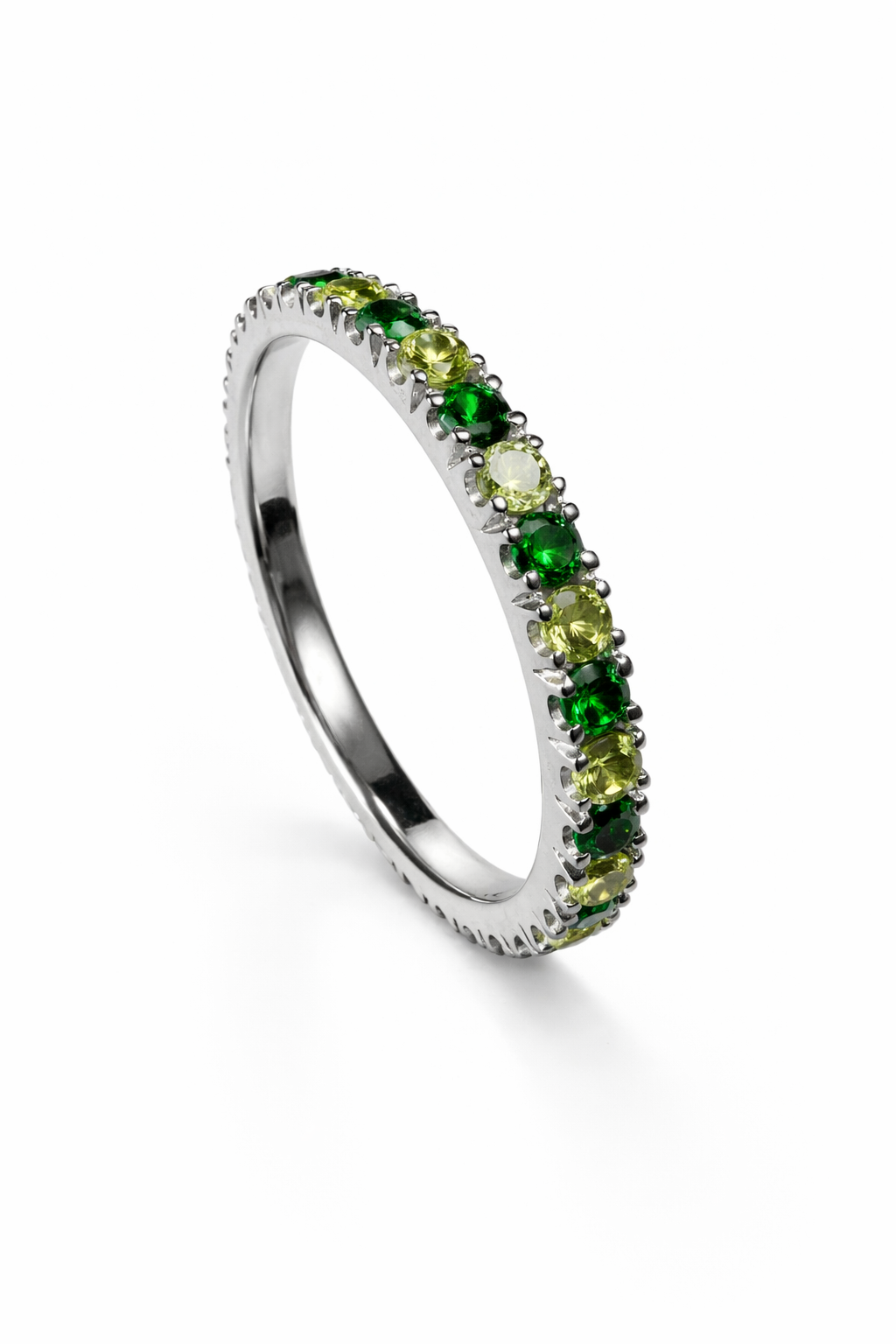 Handcrafted sterling silver 925 eternity ring with emerald green and lime cubic zirconia