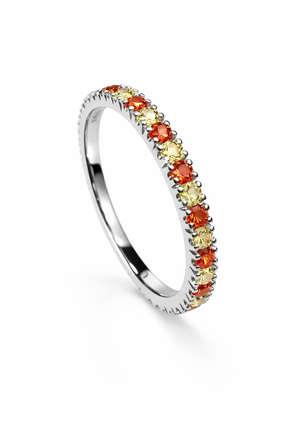 Handcrafted sterling silver 925 eternity ring with orange and yellow cubic zirconia