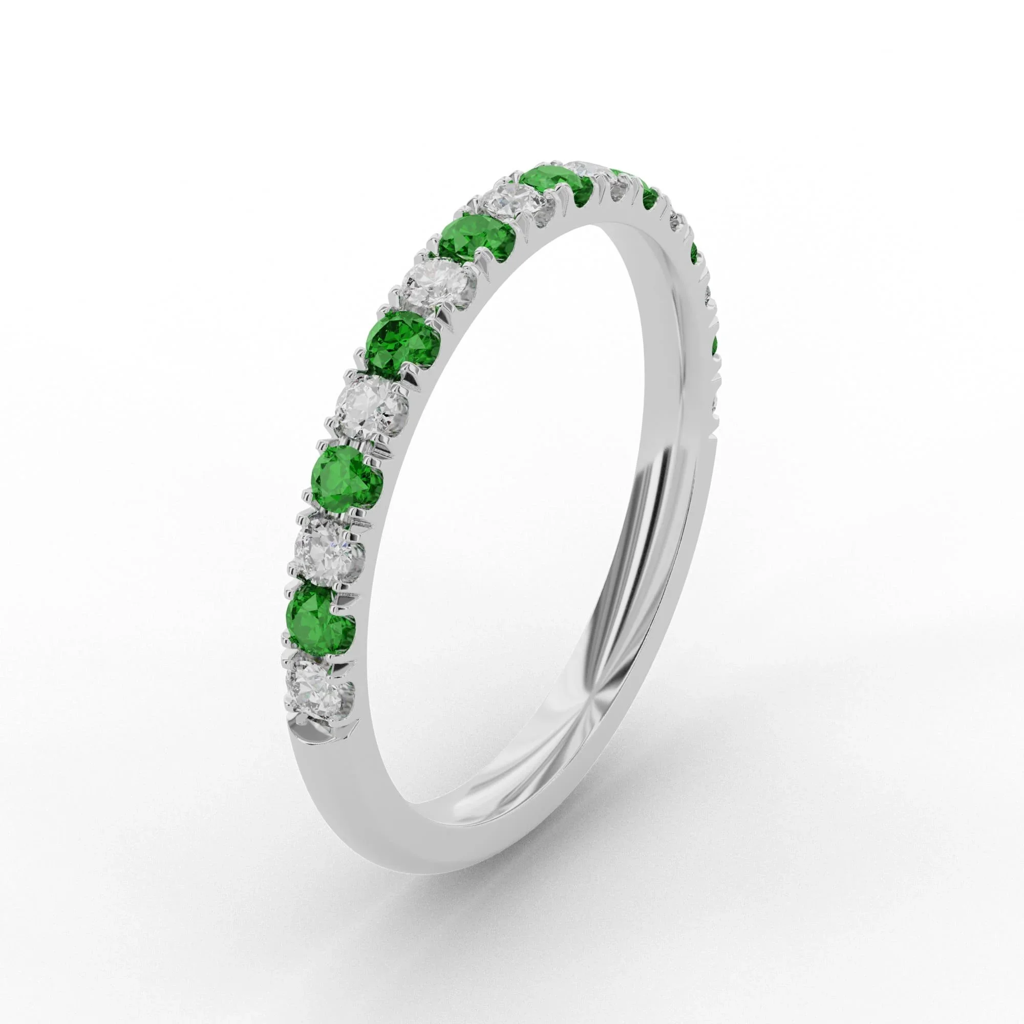 White gold wedding ring with tsavorite and diamonds