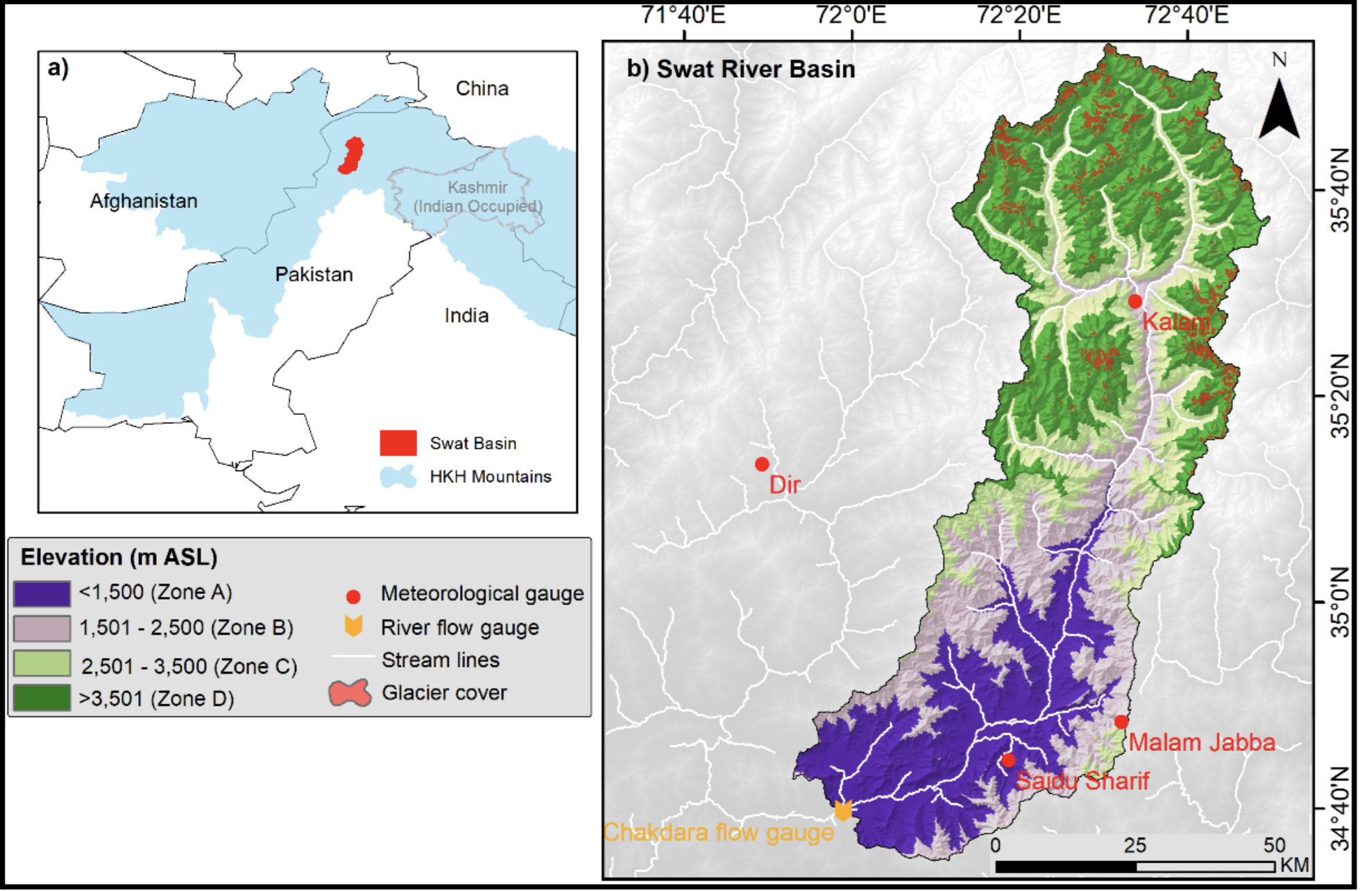 Geographical location of the Swat River Basin that sites within Pakistan. Also a map of the elevation within the Swat River Basin