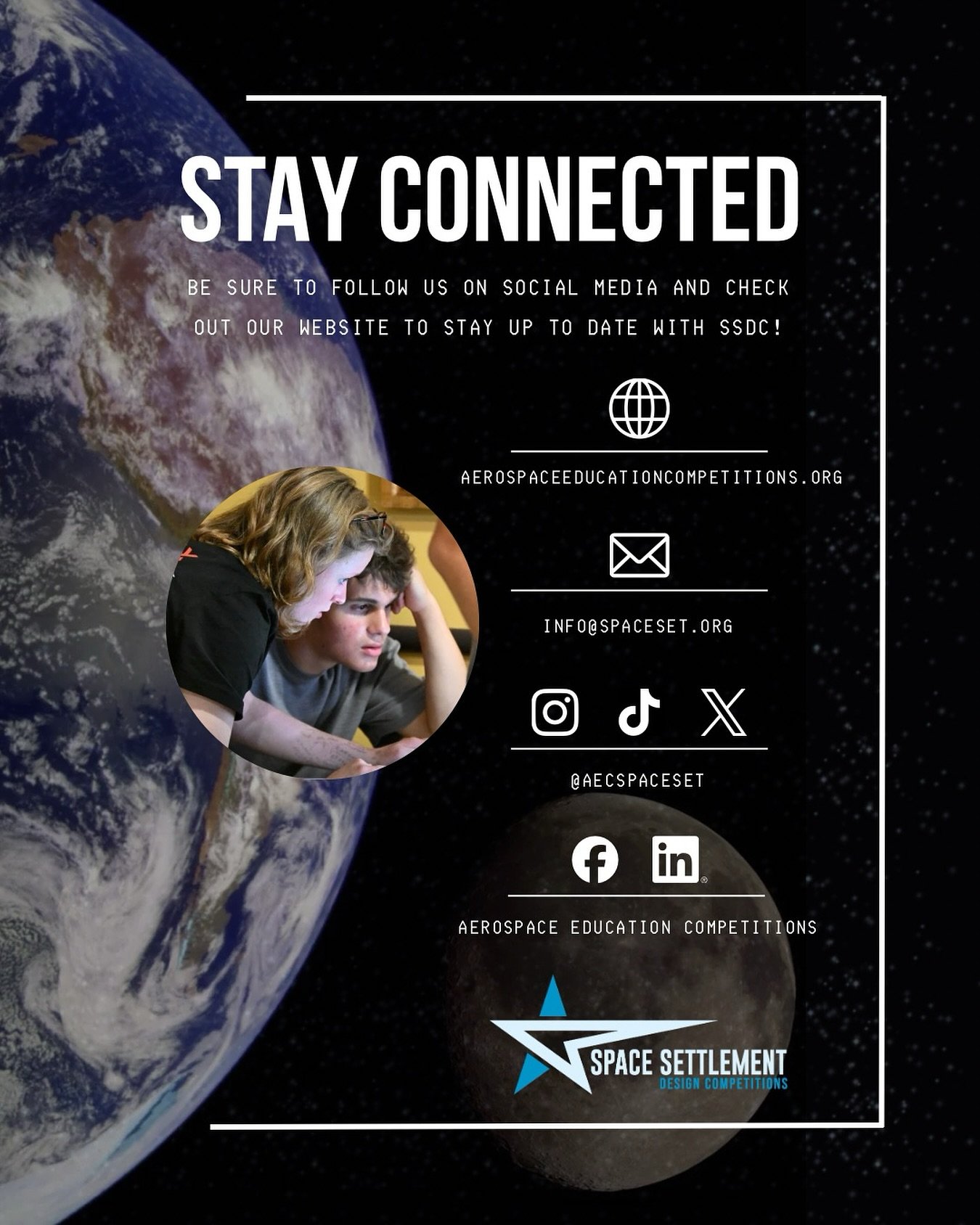 Want to stay in the loop with SSDC? Connect with us on any of our socials and be sure to check out the link in our bio!

#spacesettlement #spacesettlementdesigncompetition  #SSDC #AEC #STEM #FutureEngineers #spacedesign #engineering #business #law