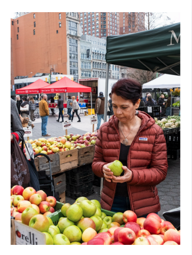 Woman shopping for apples at an outdoor farmers market in an urban setting.