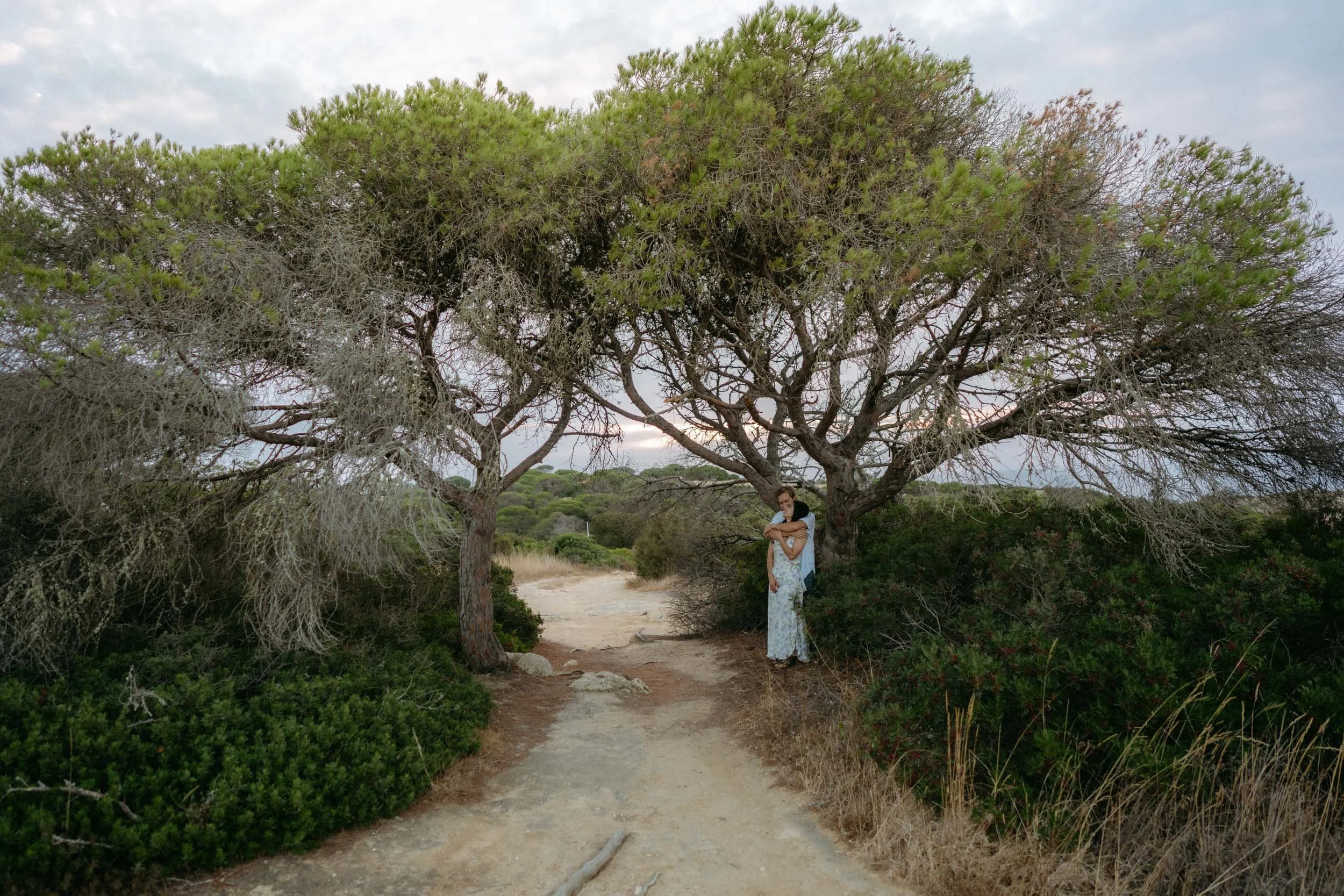 Framed by coastal trees along the cliff trail, creating a natural and secluded atmosphere away from the main beach.