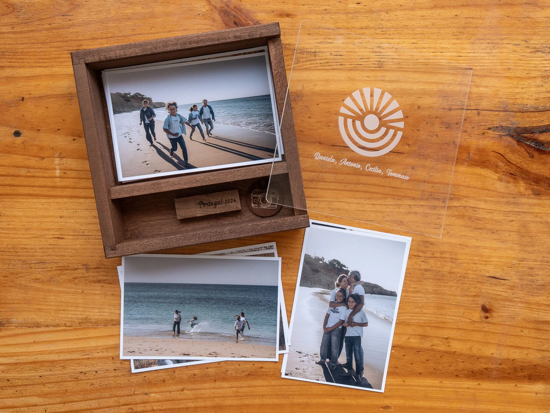Wooden keepsake box with fine art prints and USB, handcrafted and personalised.