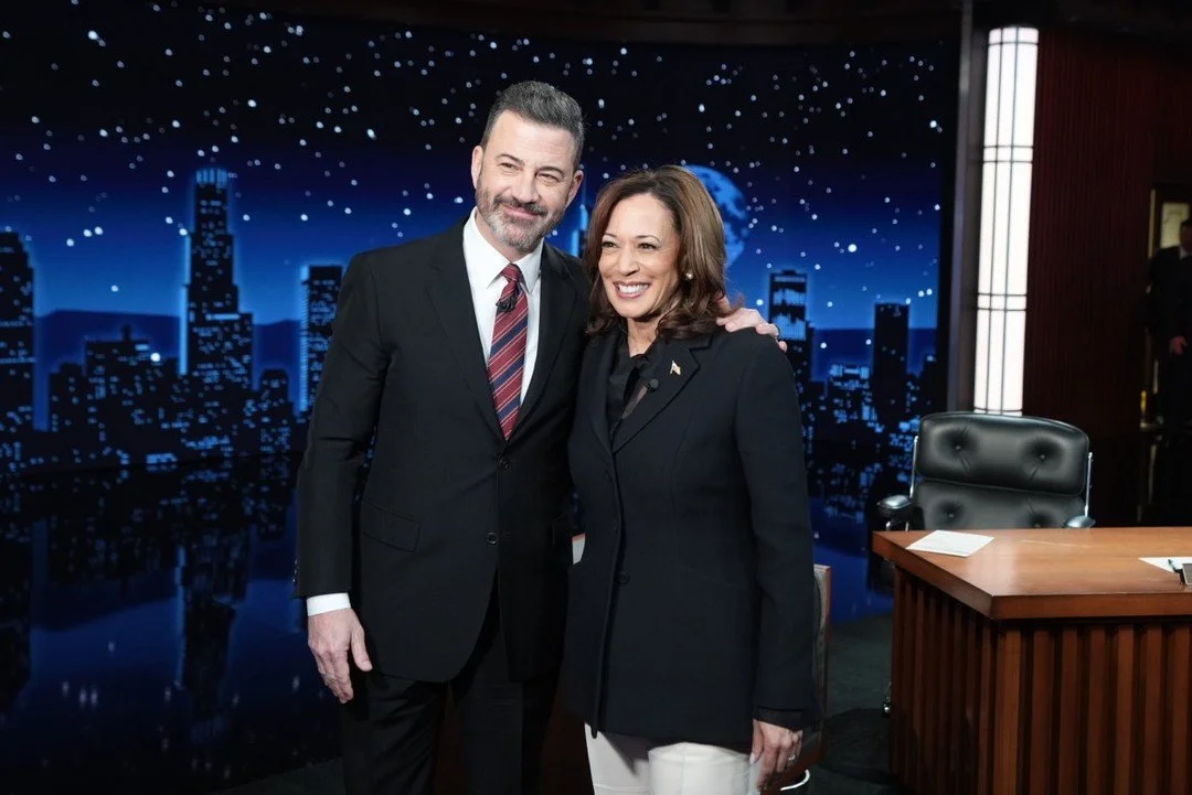 Jimmy Kimmel speaks with former U.S. Vice President Kamala Harris during a June 2024 taping of Jimmy Kimmel Live! in Los Angeles. Official White House Photo by Lawrence Jackson — Public Domain (U.S. Government Work)