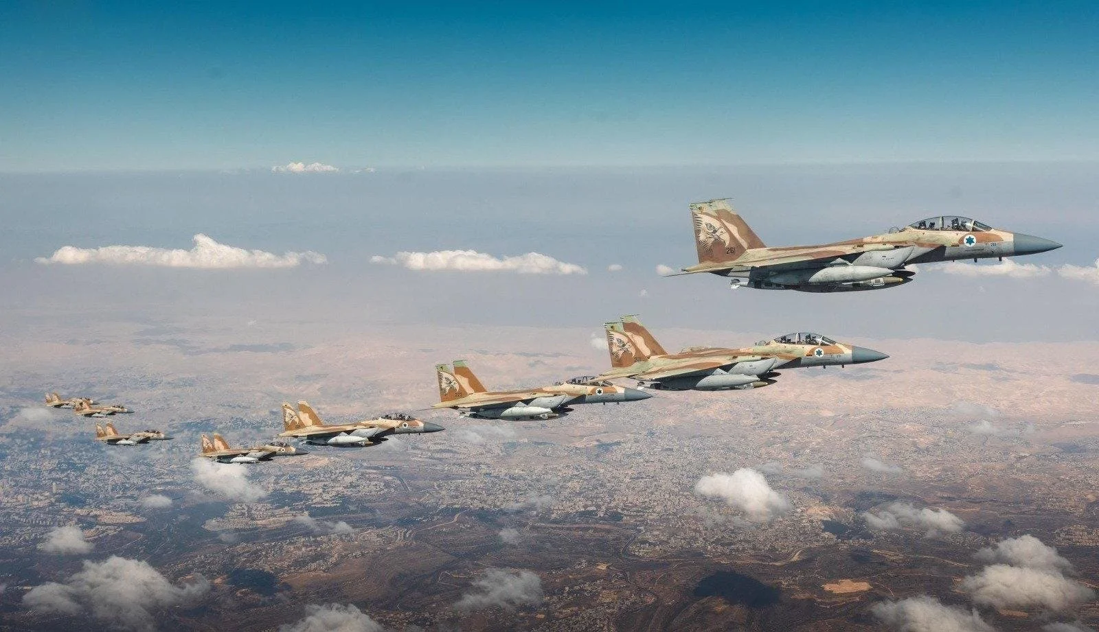 Israeli Air Force fighter jets in the air in a diagonal formation