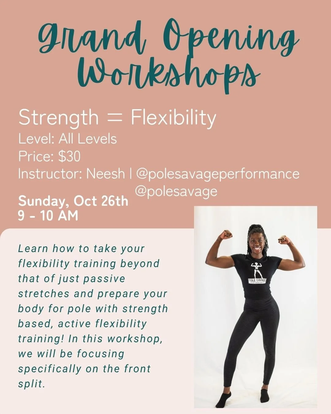 Grand Opening Workshops!⁠
Join us Sunday October 26th 2025 for a day of workshop fun from some super talented polers! LINK IN BIO TO SIGN UP!⁠
⁠
If you sign up for 2 workshops, enter the discount code 2WORKSHOPS for $5 off your total. If you sign up 