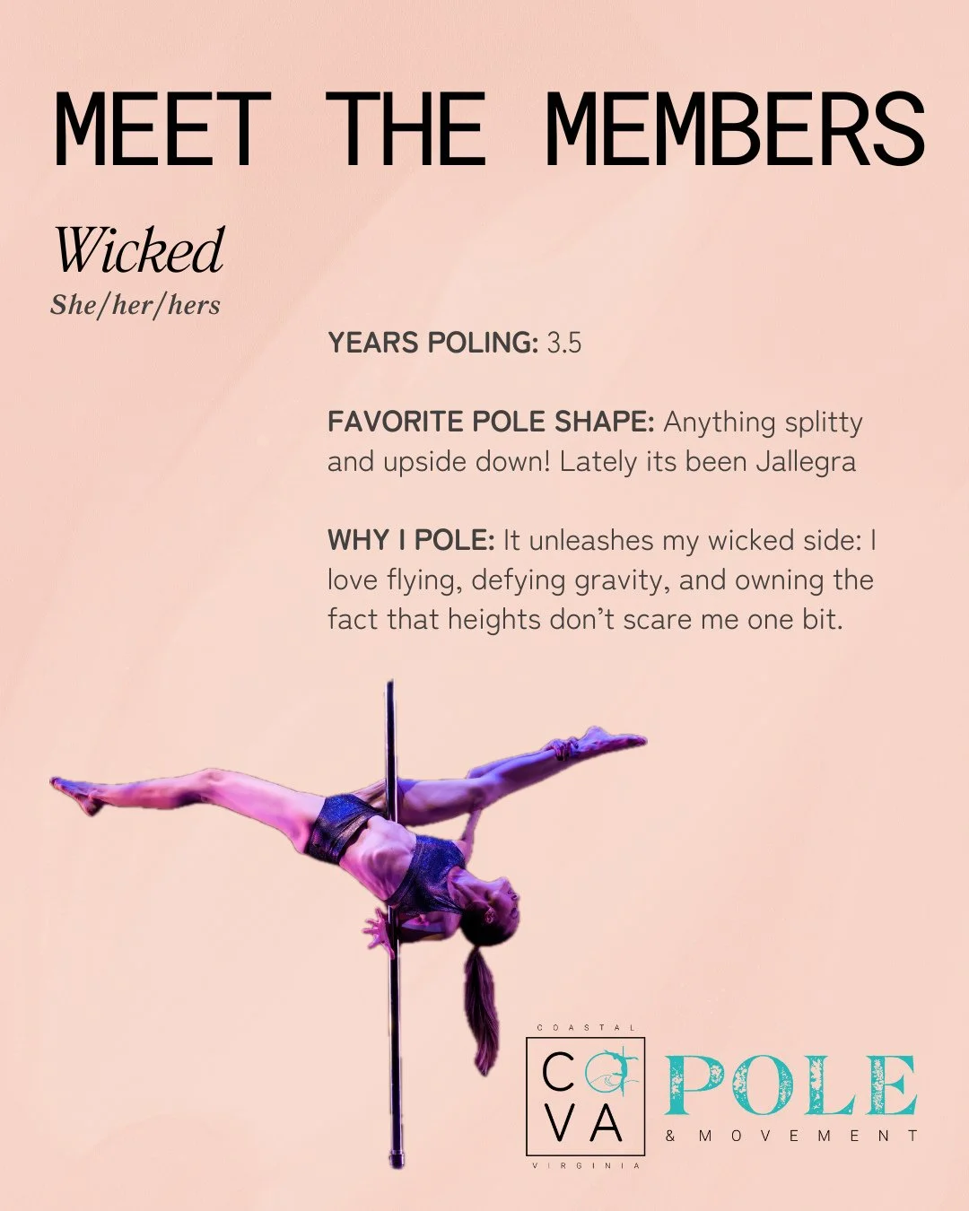 Meet one of our wickedly cool founding members! ⁠
⁠
@wicked.poleflow has been poling for 3.5 years and her favorite shapes are anything splitty and upside-down. She recently has loved Jallegra! ⁠
⁠
She pole dances because it unleashes her wicked side