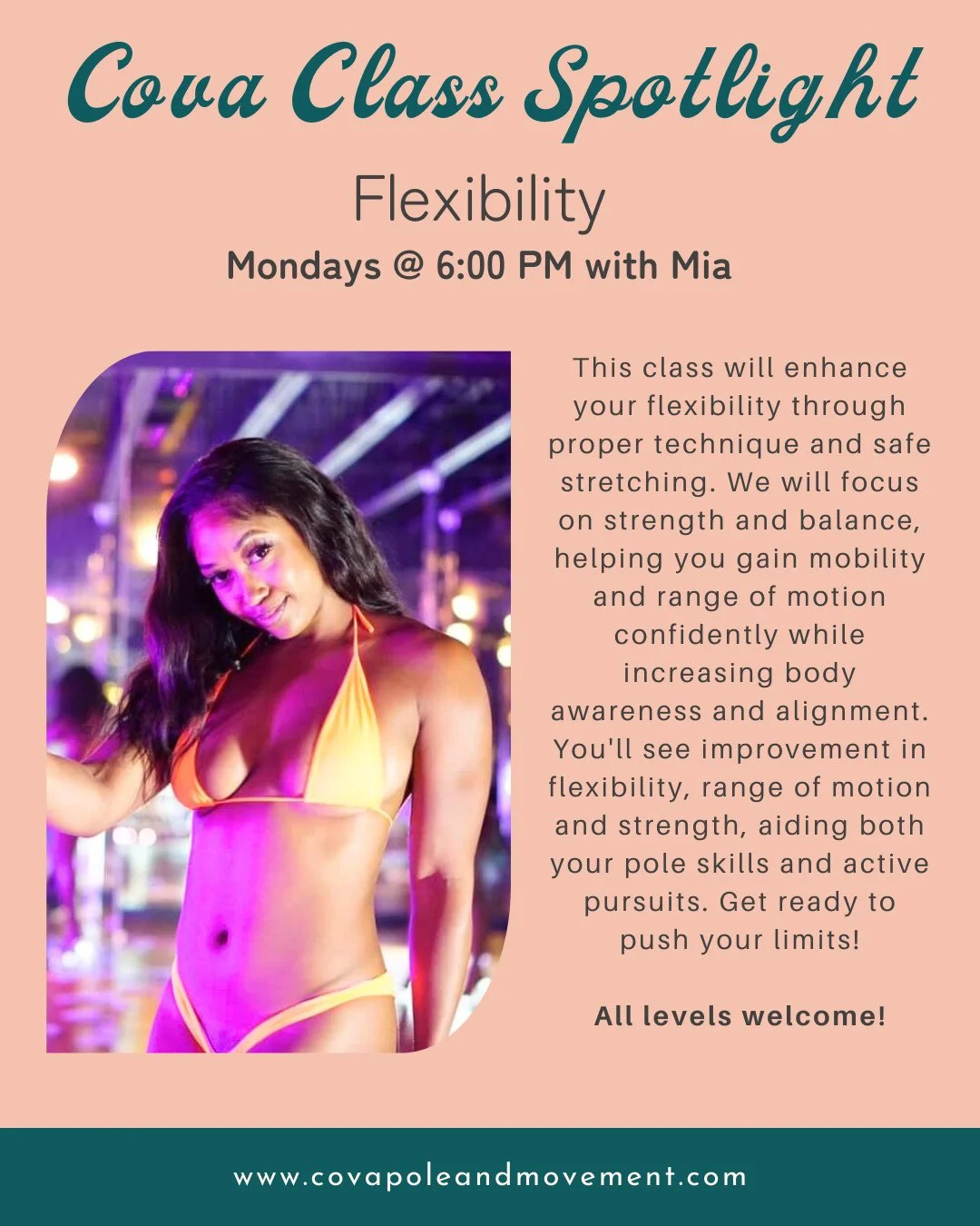 We have one more new class for you starting this week: Flex with the lovely @mialure_ 💫⁠
⁠
Join Mia on Monday nights at 6 PM to get stretchy!⁠
⁠
Our Flex class will enhance your flexibility through proper technique and safe stretching. We will focus