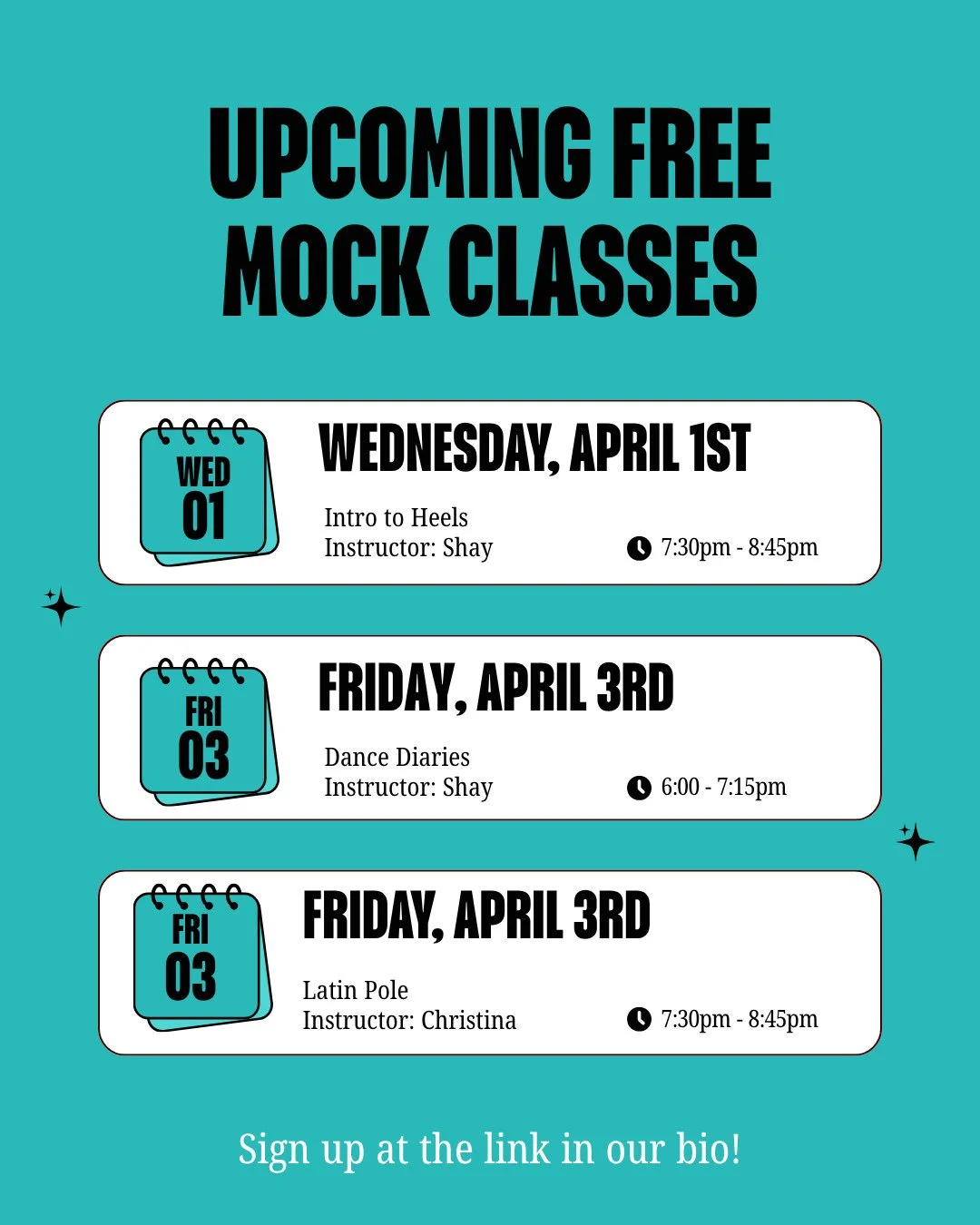 FREE class alert!⁠
⁠
Want to attend a free class and also help future COVA instructors practice their teaching? Come to one (or all!) of these mock classes coming up next week.⁠
⁠
Who's excited to try these classes from @butta.baby._ and @christinasi
