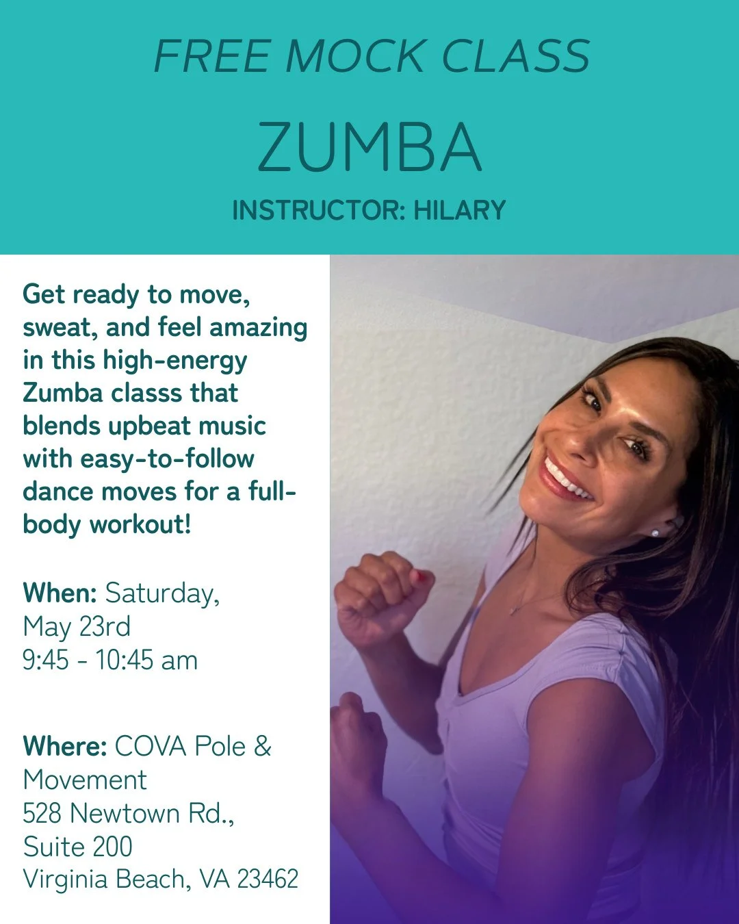 Come out for a FREE Zumba class at COVA!⁠
⁠
💃 Dance it out with @hilary.injector on Saturday, May 23rd at 9:45am &mdash; no experience needed, all levels welcome!⁠
⁠
This is a special one-time class, but if the COVA crew loves it, it might just join