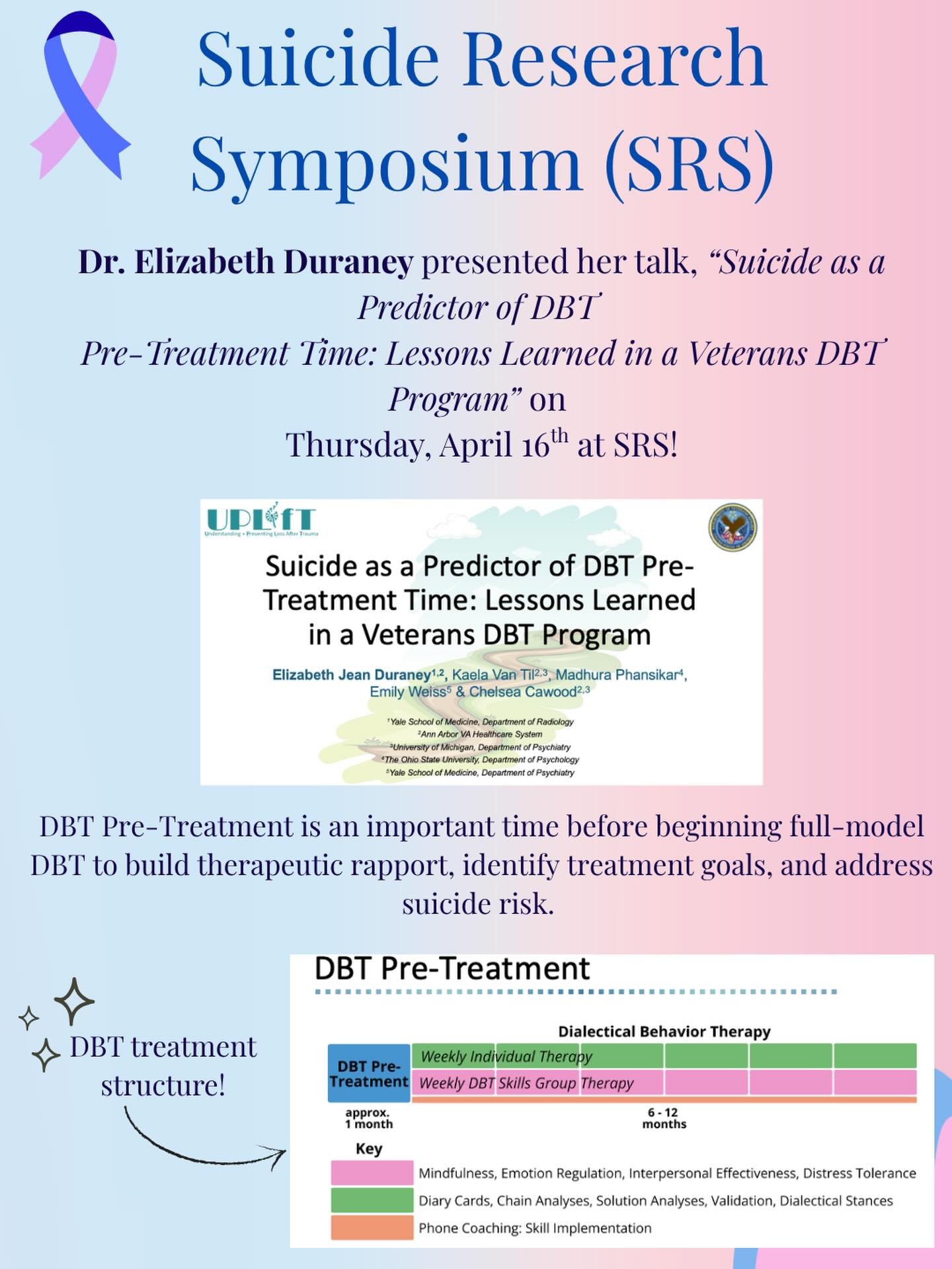 Congratulations to Dr. Elizabeth Duraney for giving a fabulous talk at this year&rsquo;s #suicideresearchsymposium! 🎉