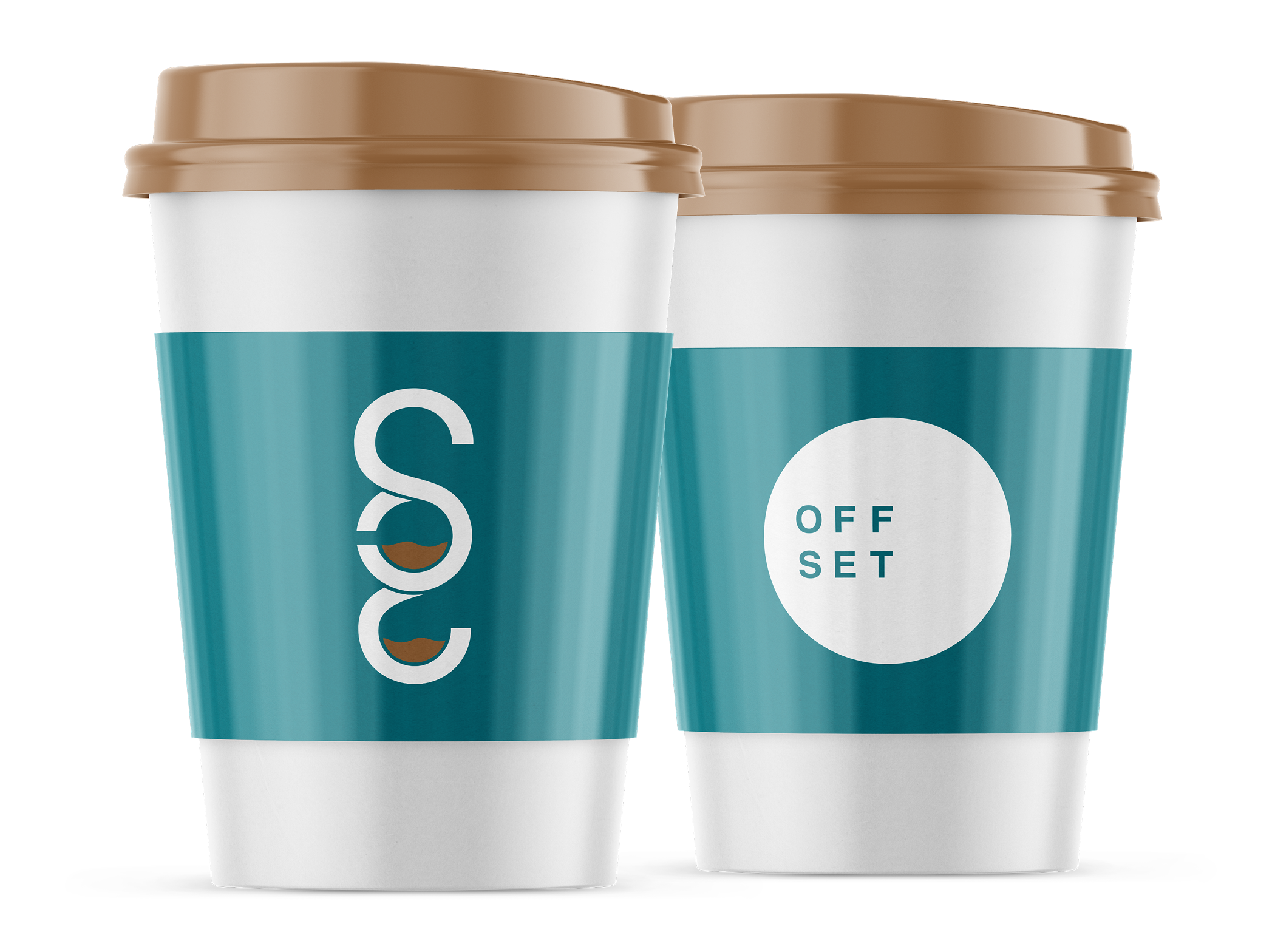 Two takeaway coffee cups with brown lids and teal and white branding that reads 'OFF SET' and 'CO'.