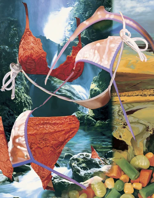 A colorful collage artwork combining oil painting with layered photographic imagery.
